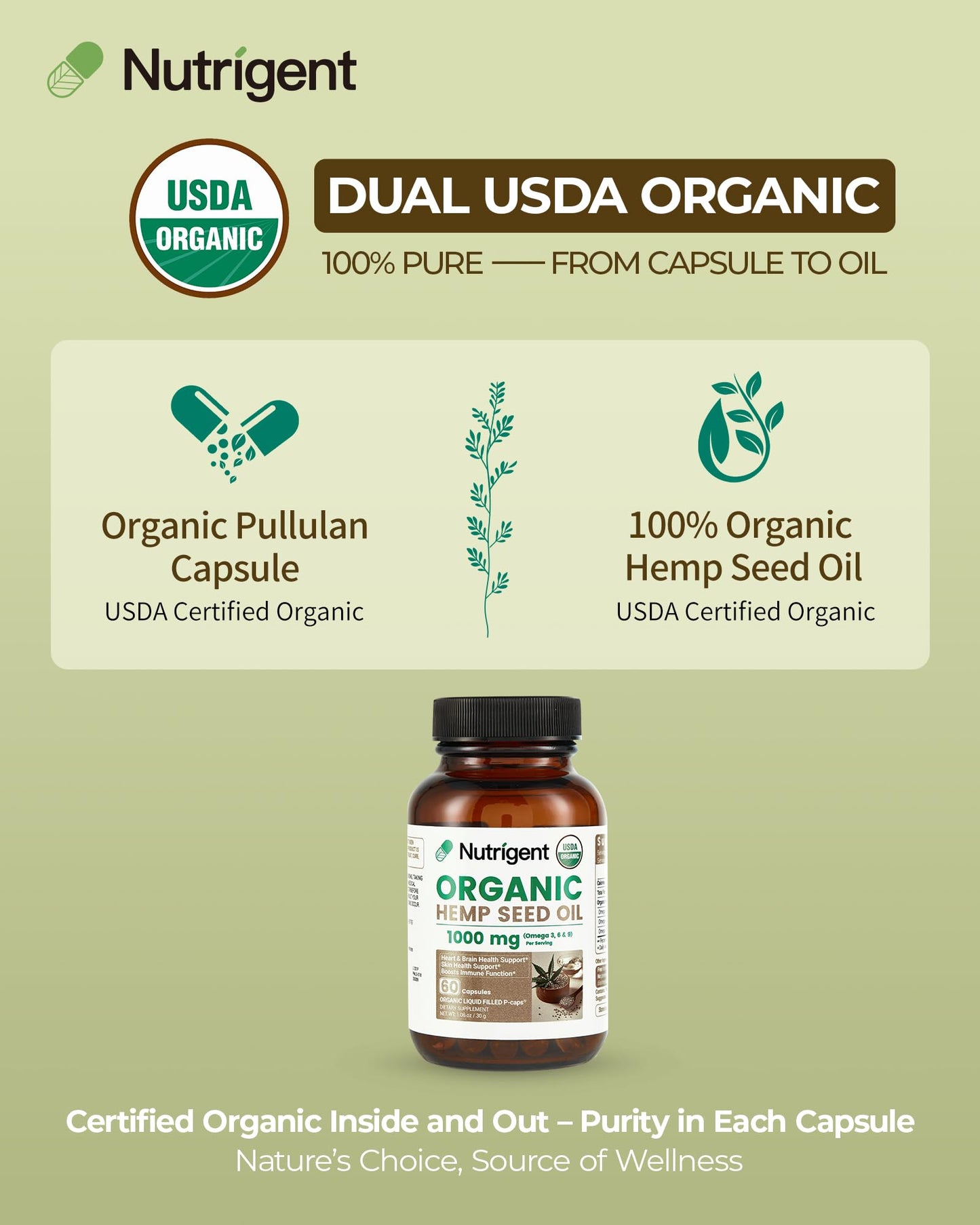 Nutrigent USDA Organic Hemp Seed Oil 1000 mg, Cold Pressed & 100% Pure, Plant-Based Omega 3-6-9 for Heart, Joint, Relaxation & Emotional Wellness, 60 Capsules