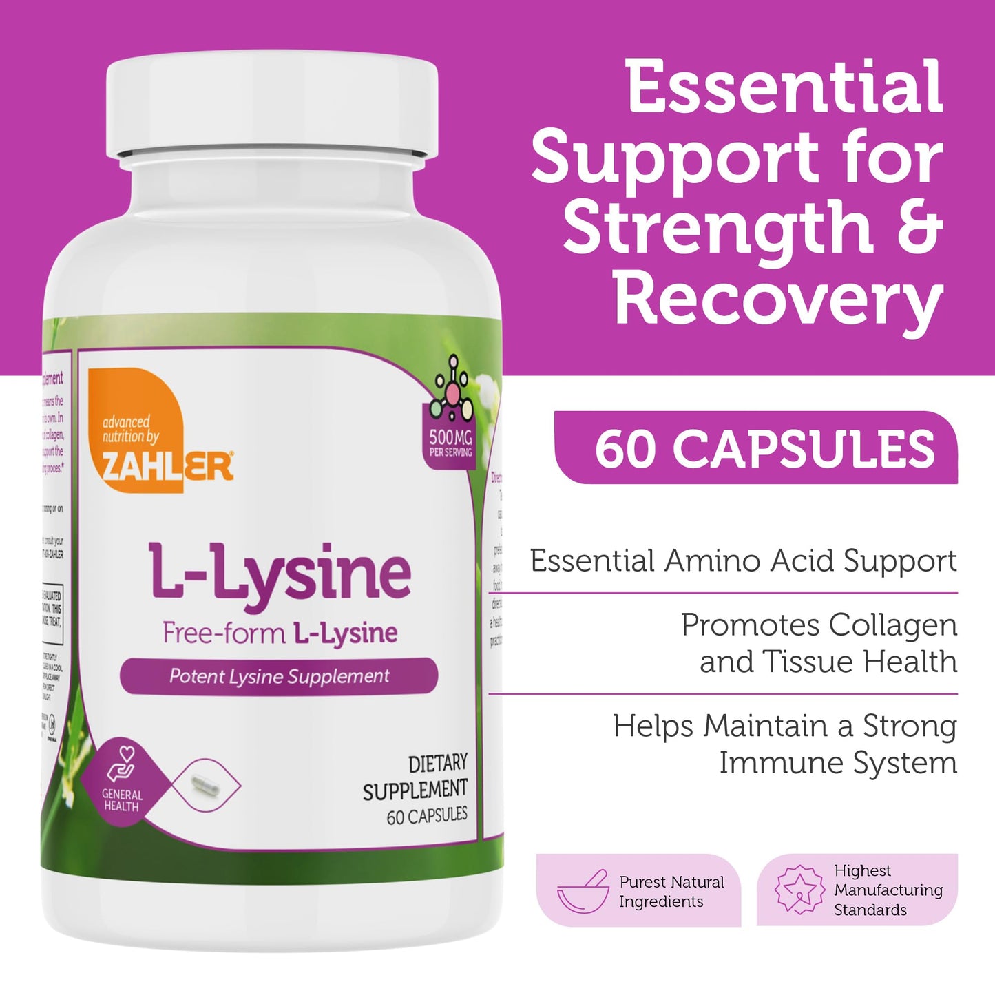 Zahler L-Lysine 500mg Freeform L-Lysine Supplement Kosher Capsule 60 Capsules