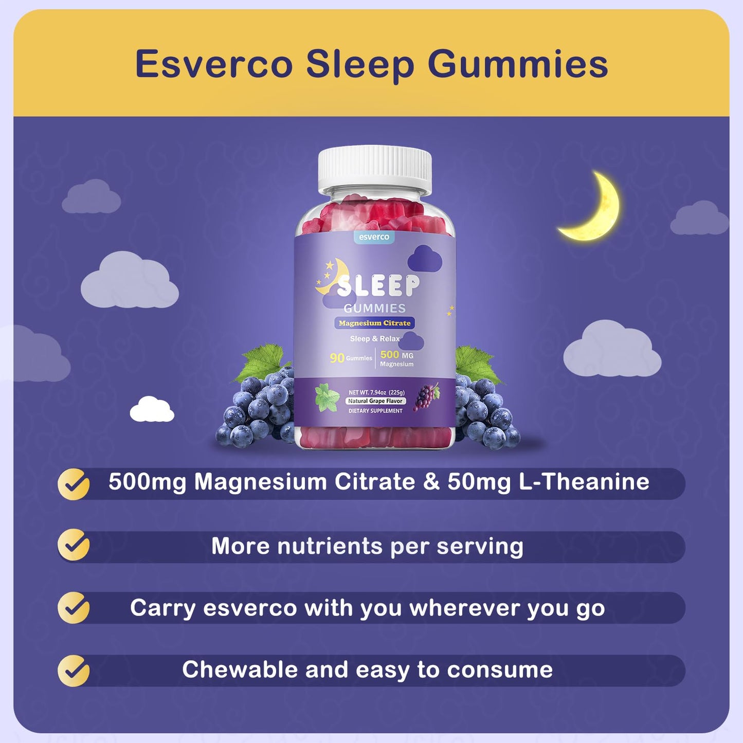 esverco Magnesium Gummies 500mg Magnesium Citrate Deep Sleep, Gummy, 90 Count