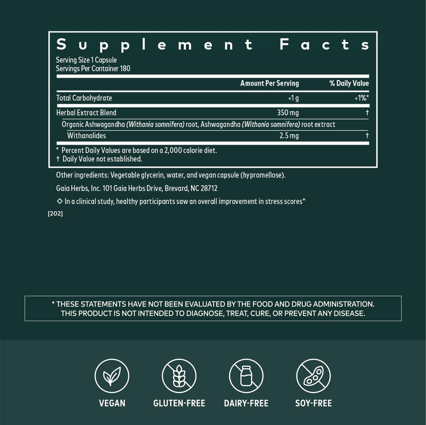 Gaia Herbs Ashwagandha Root 350 mg Capsules, 180 Count
