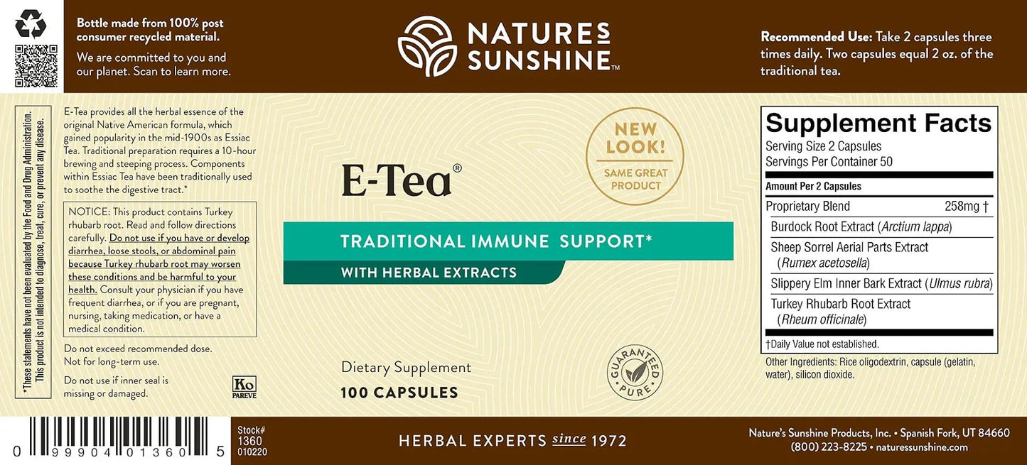 Nature's Sunshine E-Tea Capsules 100 Count