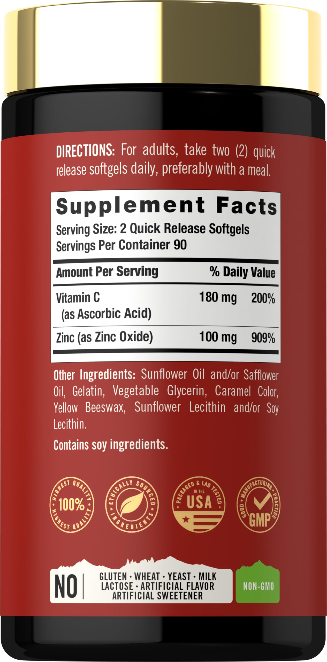 Carlyle Zinc Supplement 100mg with Vitamin C Softgels, 180 Count