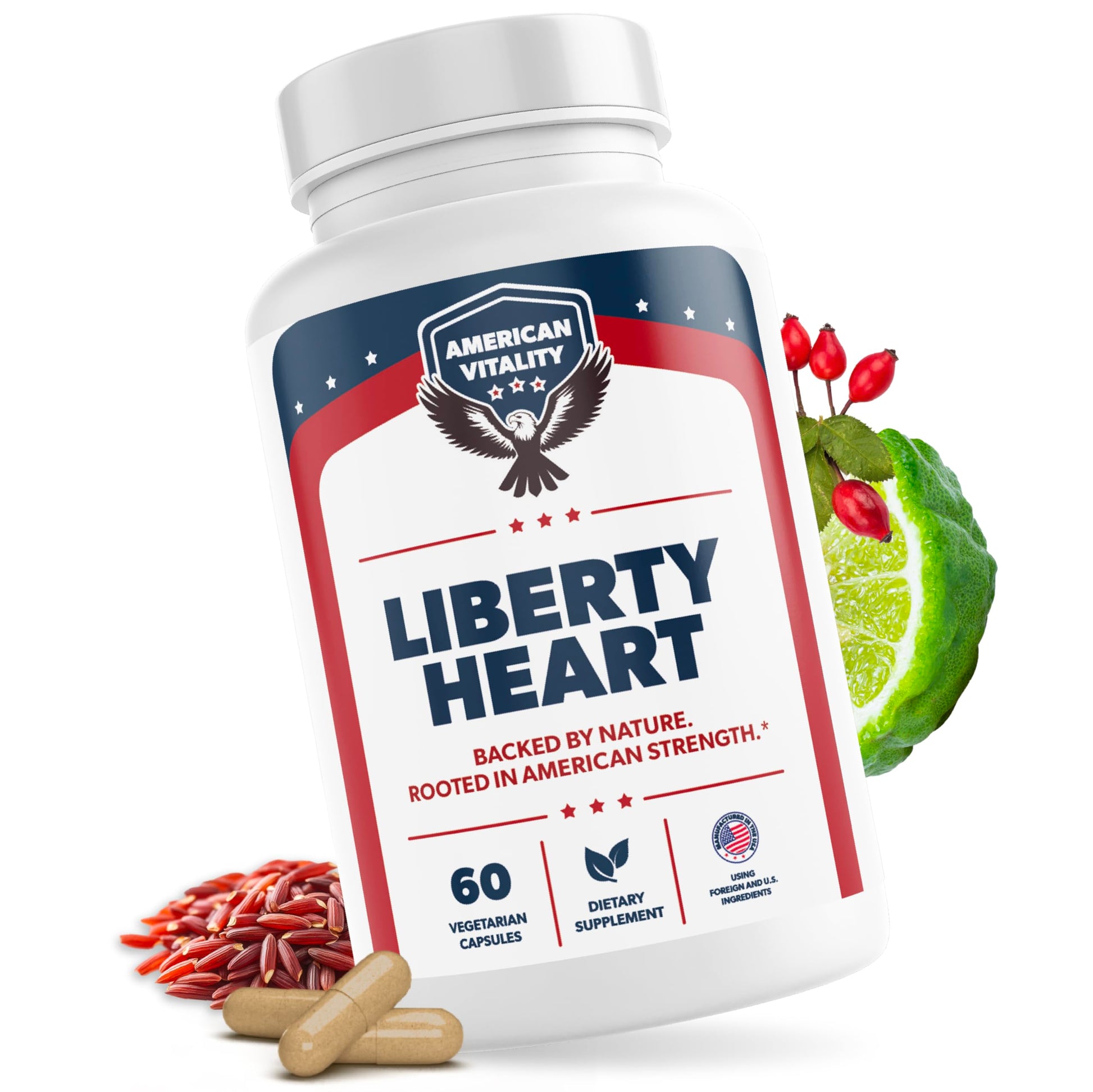 AMERICAN VITALITY Liberty Heart Berberine, Red Yeast Rice & Citrus Bergamot Heart Wellness Supplement Capsules, 60 Capsules