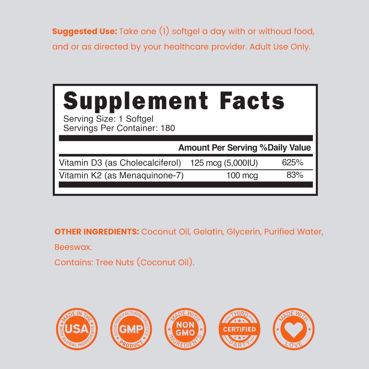DORADO NUTRITION Vitamin D3 K2 Supplement Softgels 180 Count