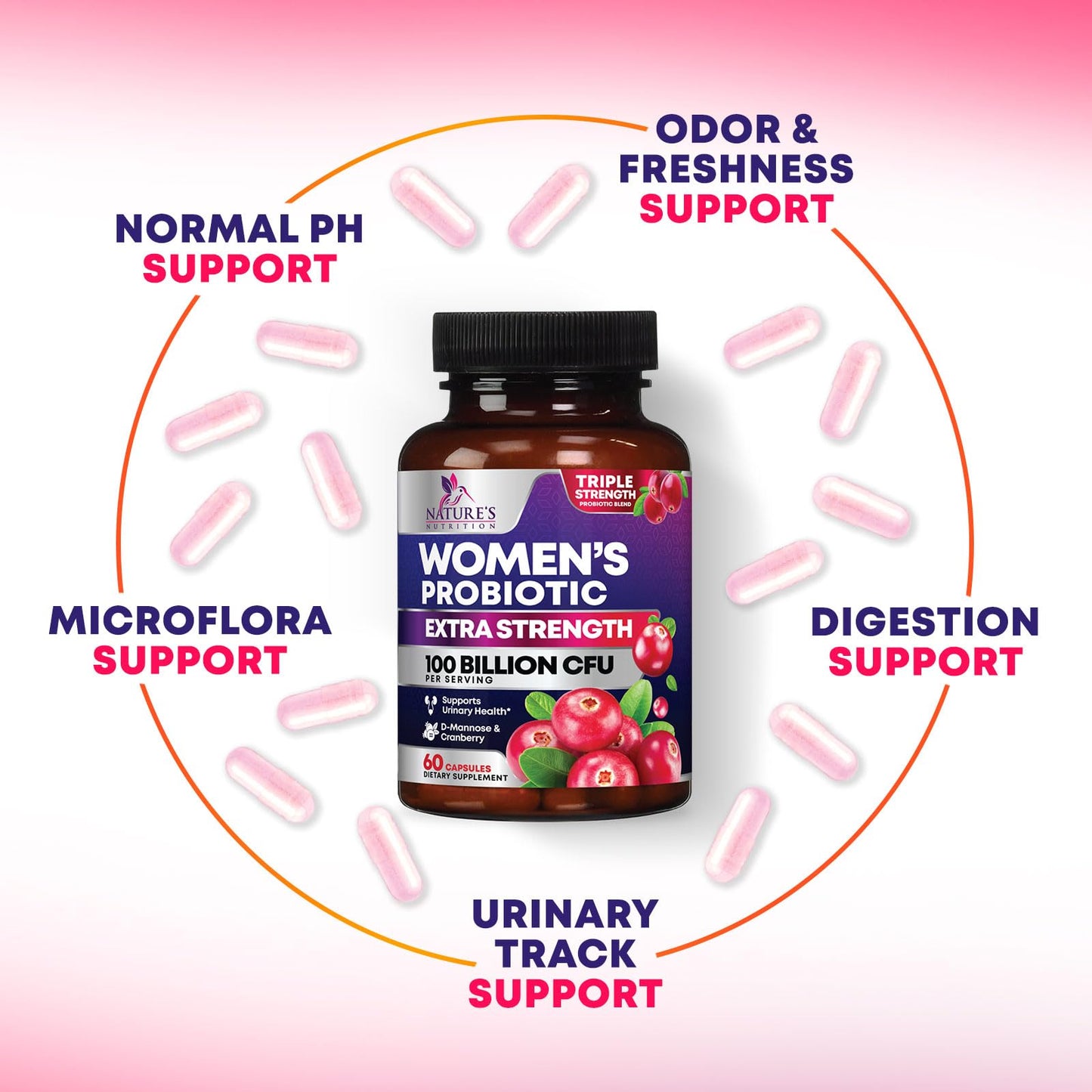 Nature's Nutrition Probiotics for Women Probiotic Blend 100 Billion CFU Per Serving, 16 Strains, Cranberry & Prebiotics Capsule, 60 Capsules