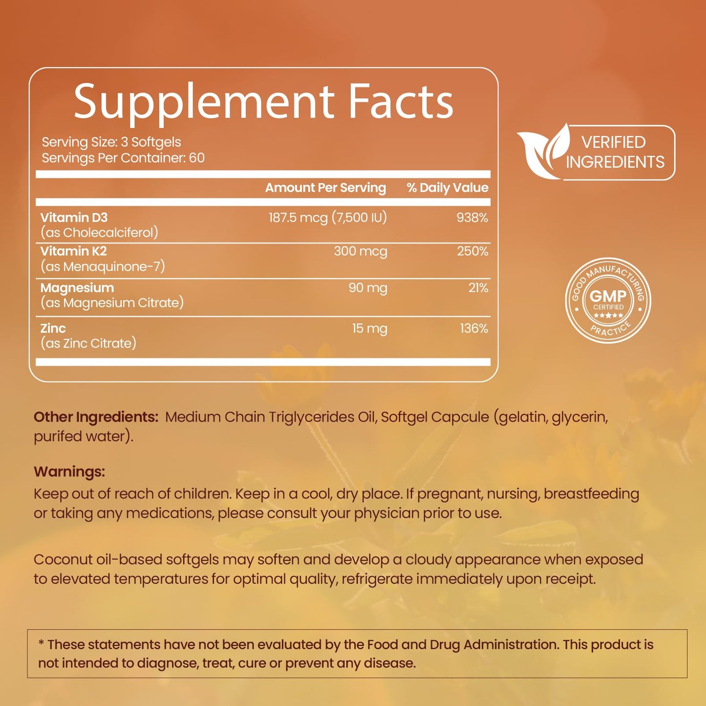 VELOTO Vitamin D3 K2 Magnesium Zinc Supplement Softgels 180