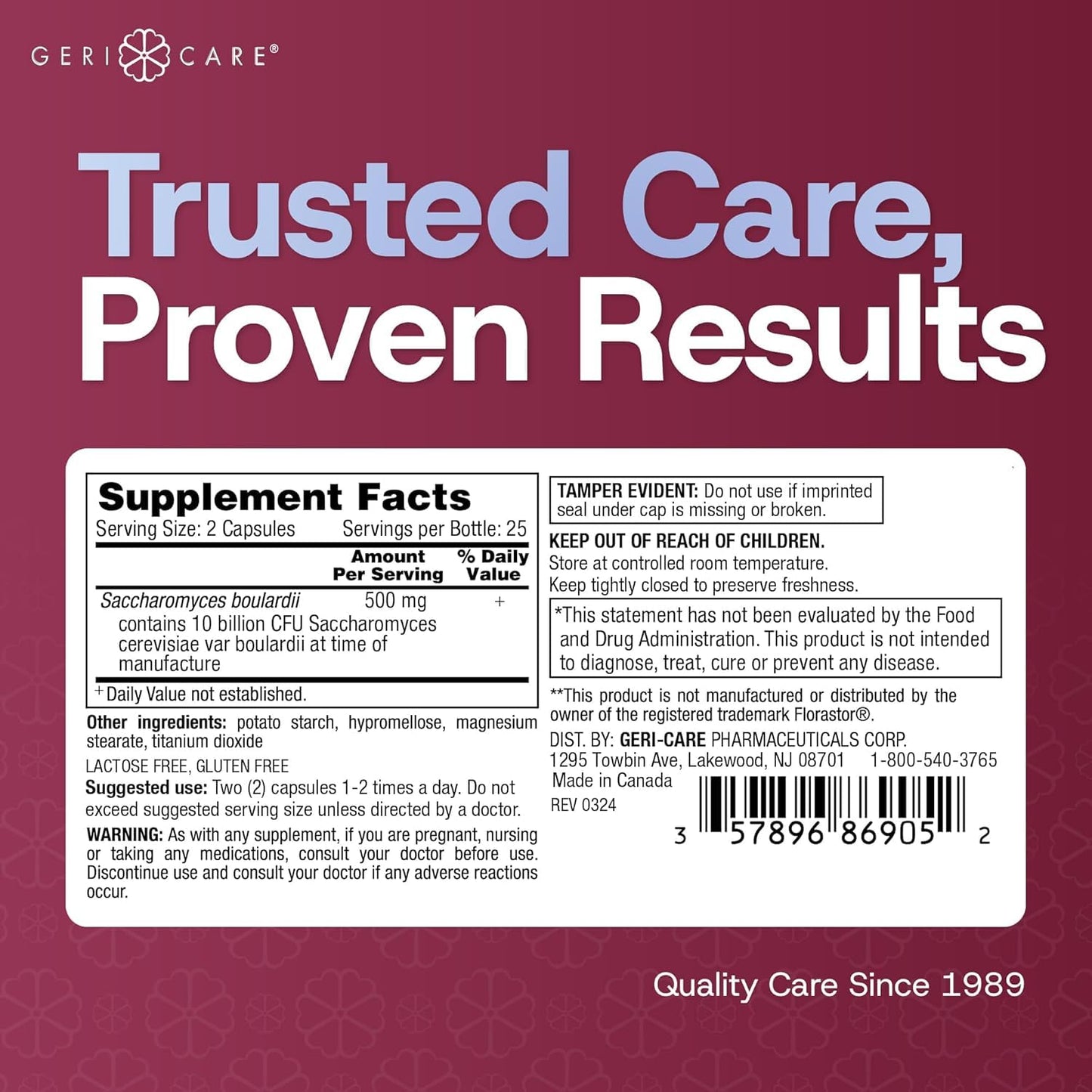 GeriCare Saccharomyces boulardii Probiotic Capsules, 600 Capsules