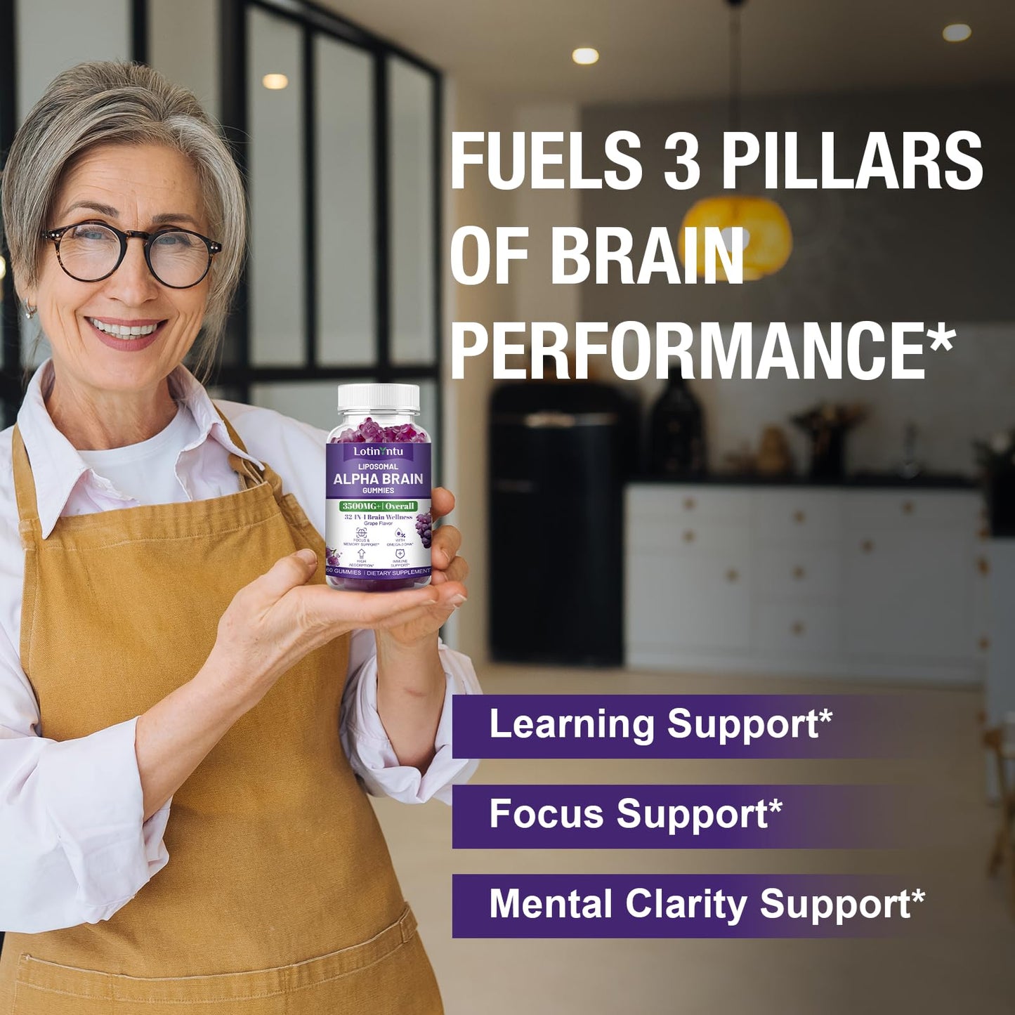 LotinYntu Liposomal Alpha Brain Gummies 3500MG+ Grape Flavor with Omega-3 DHA+EPA, Focus & Memory Support, Immune Boost, 60 Gummies