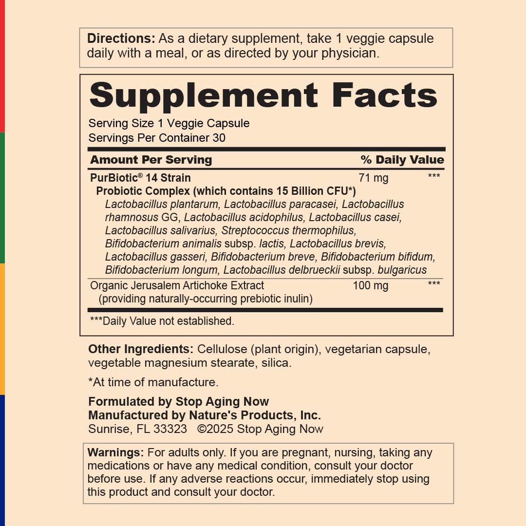 Stop Aging Now Probiotic Capsules Advanced Formula with Prebiotics 15 Billion CFU, 30 Count