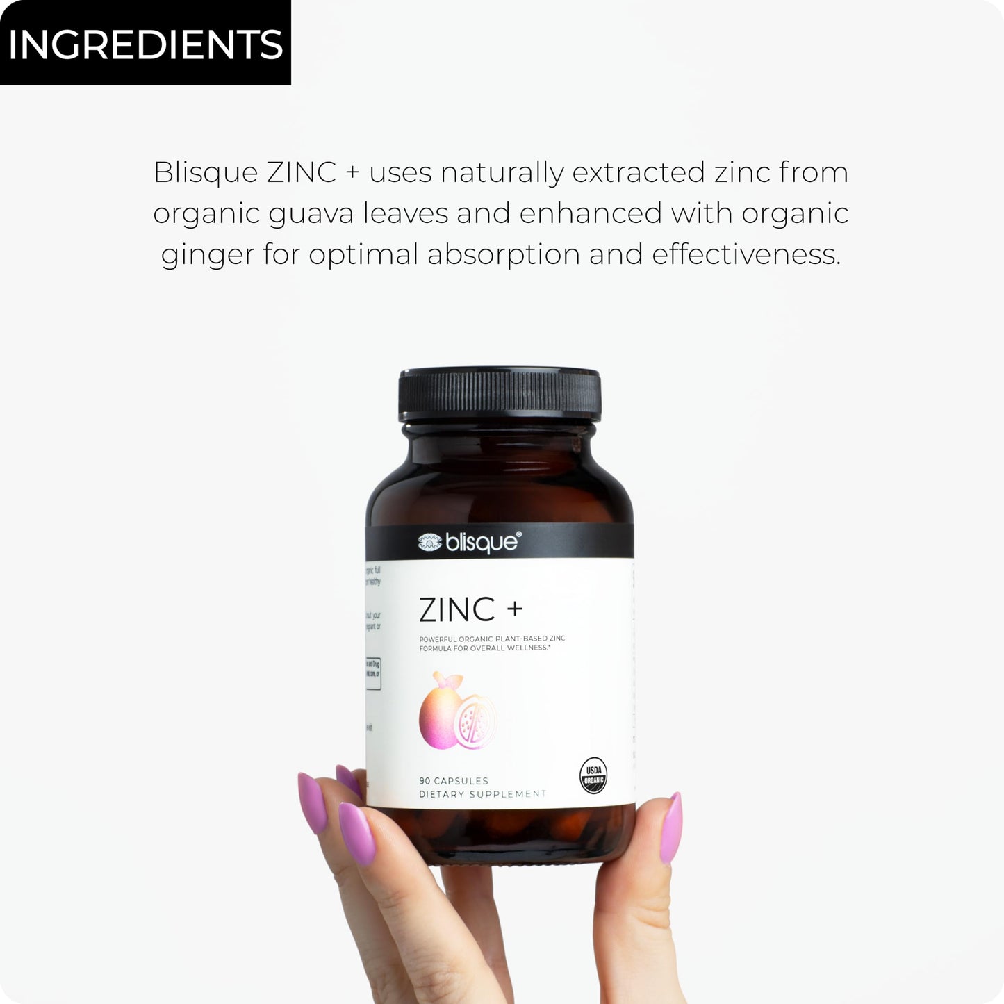 Blisque Organic Zinc Supplement Sourced from Guava Leaves with Ginger Extract, 90 Capsules
