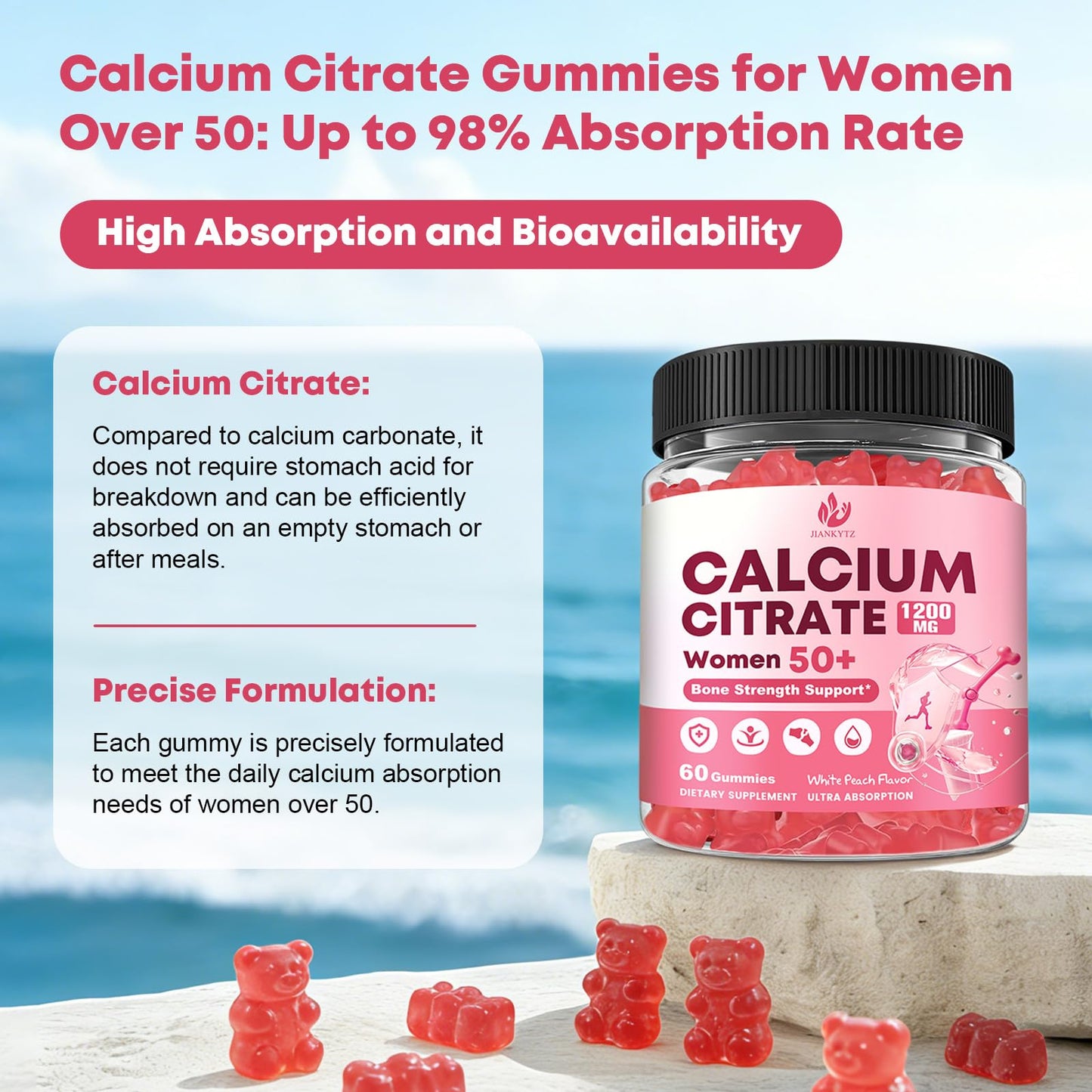 JIANKYTZ Calcium Citrate with Vitamin D3 Gummies for Women 50 Plus, 60 Gummies