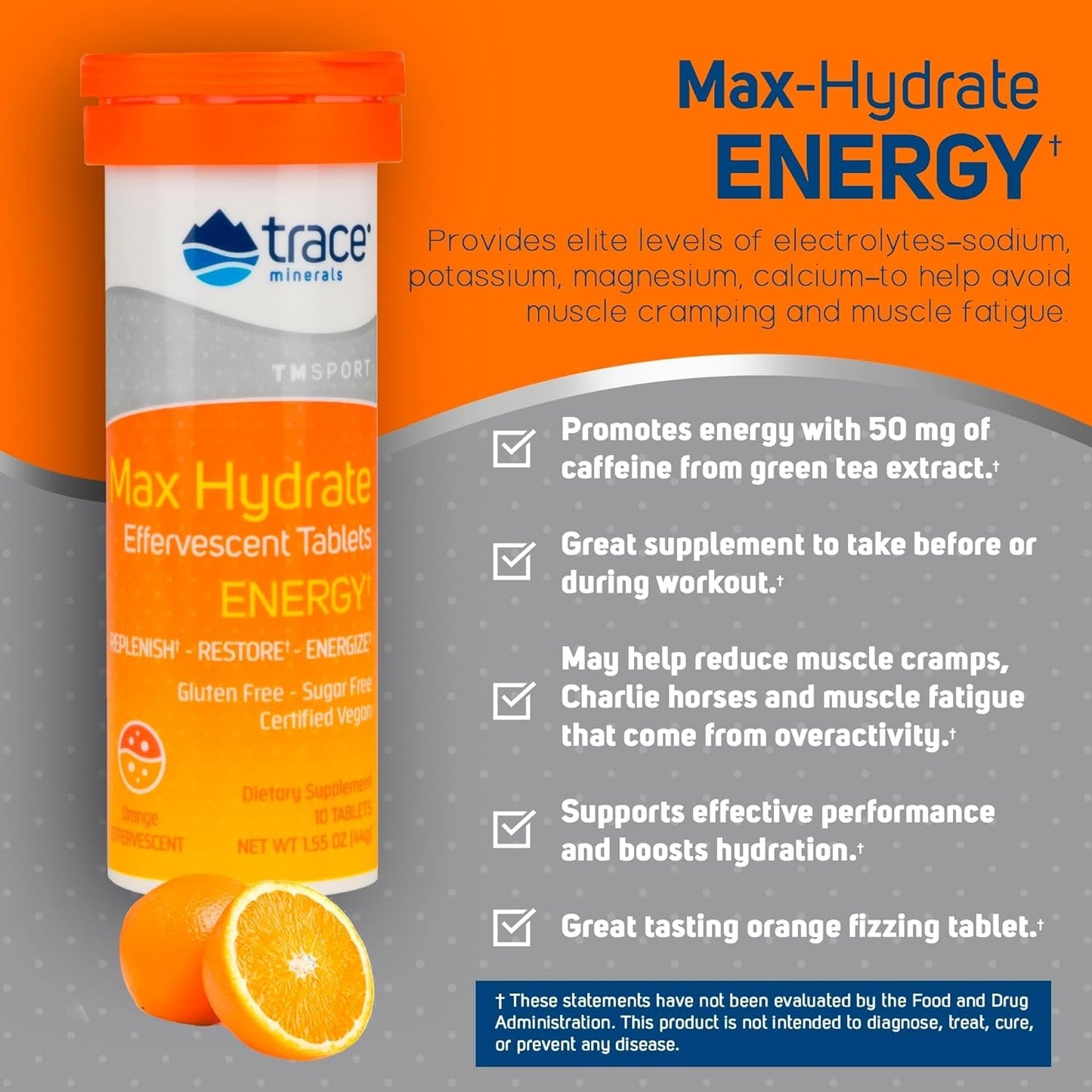 Trace Minerals Max-Hydrate Energy Electrolyte Tablets, Orange Flavor, 8 Count