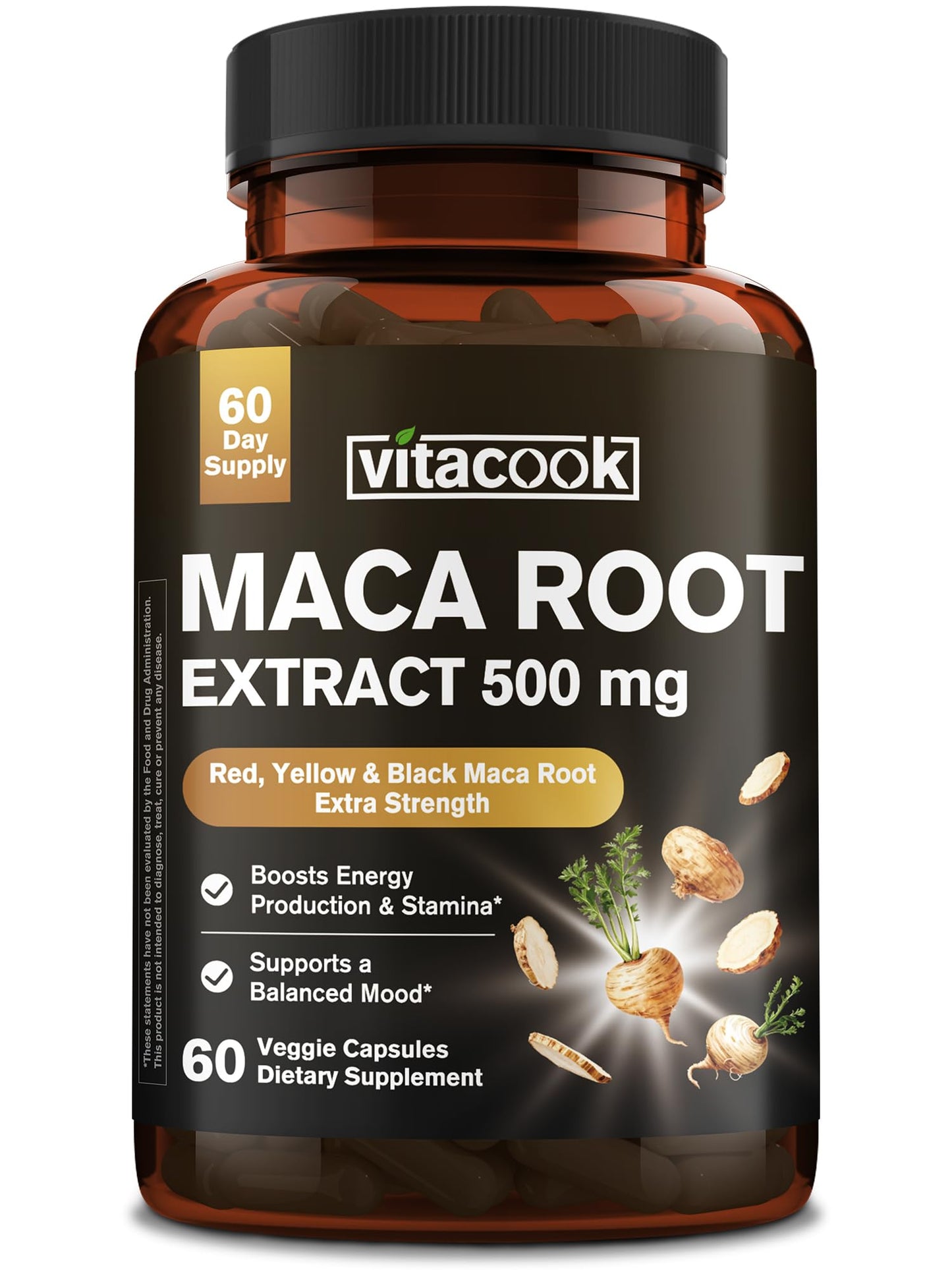 Vitacook Maca Root Capsules 500 mg Extract, Peruvian Maca (Black, Red & Yellow) for Energy, Stamina, Mood, 60 Veggie Capsules
