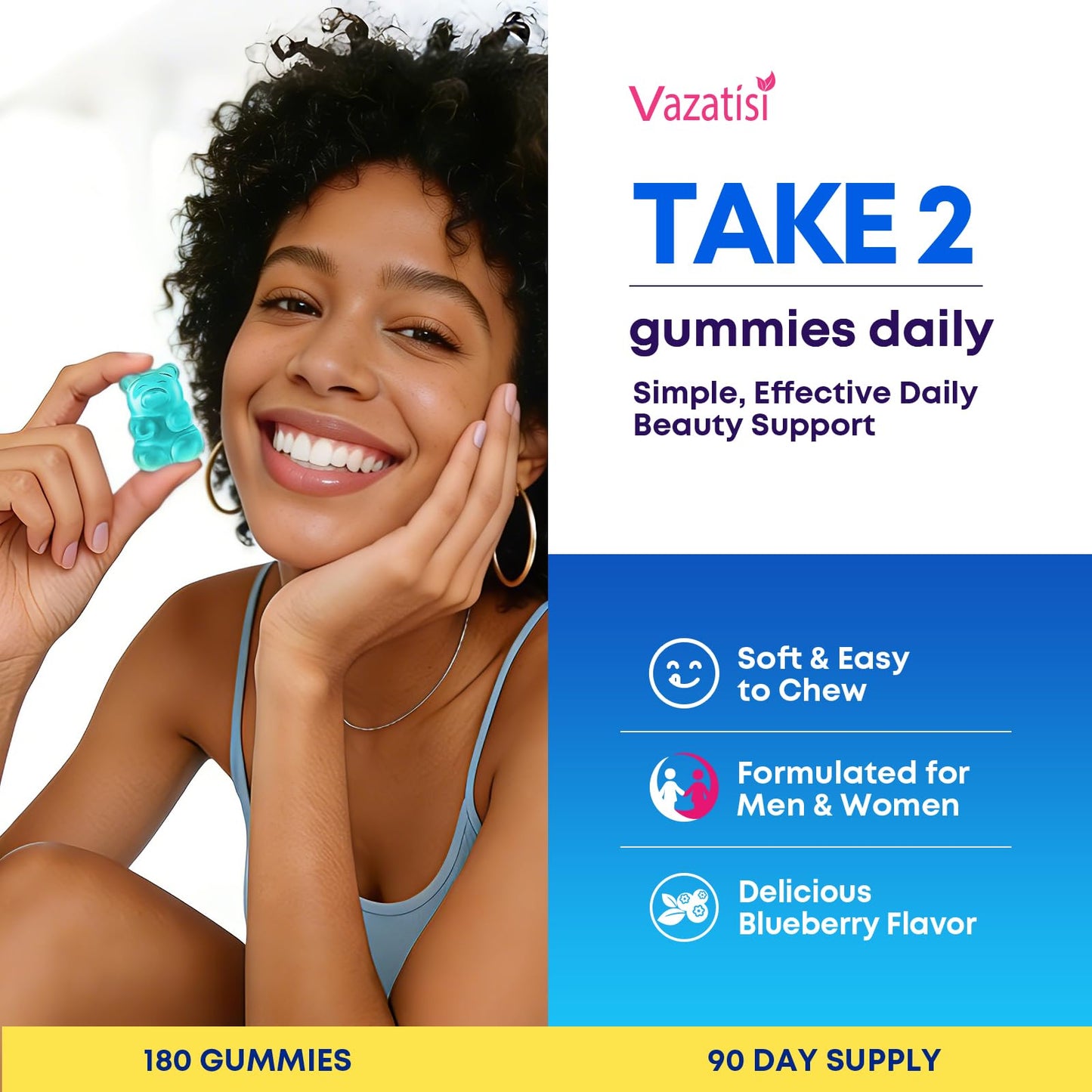 Vazatisi Biotin Gummies 15,000 mcg with Collagen & Keratin – 13-in-1 Hair Skin & Nails Gummies for Women & Men, Hair Growth, Sugar Free Non-GMO, Blueberry, 180 Gummies
