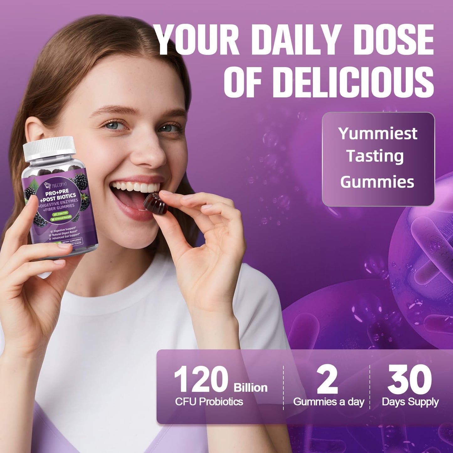 Migcopat Pre Post Probiotics Gummies, Probiotic Prebiotic Postbiotic Digestive Enzymes with Fiber, 120 Billion CFU Probiotics Complete Gut Support, Sugar Free, Vegan, BlackBerry Flavor, 60 Count