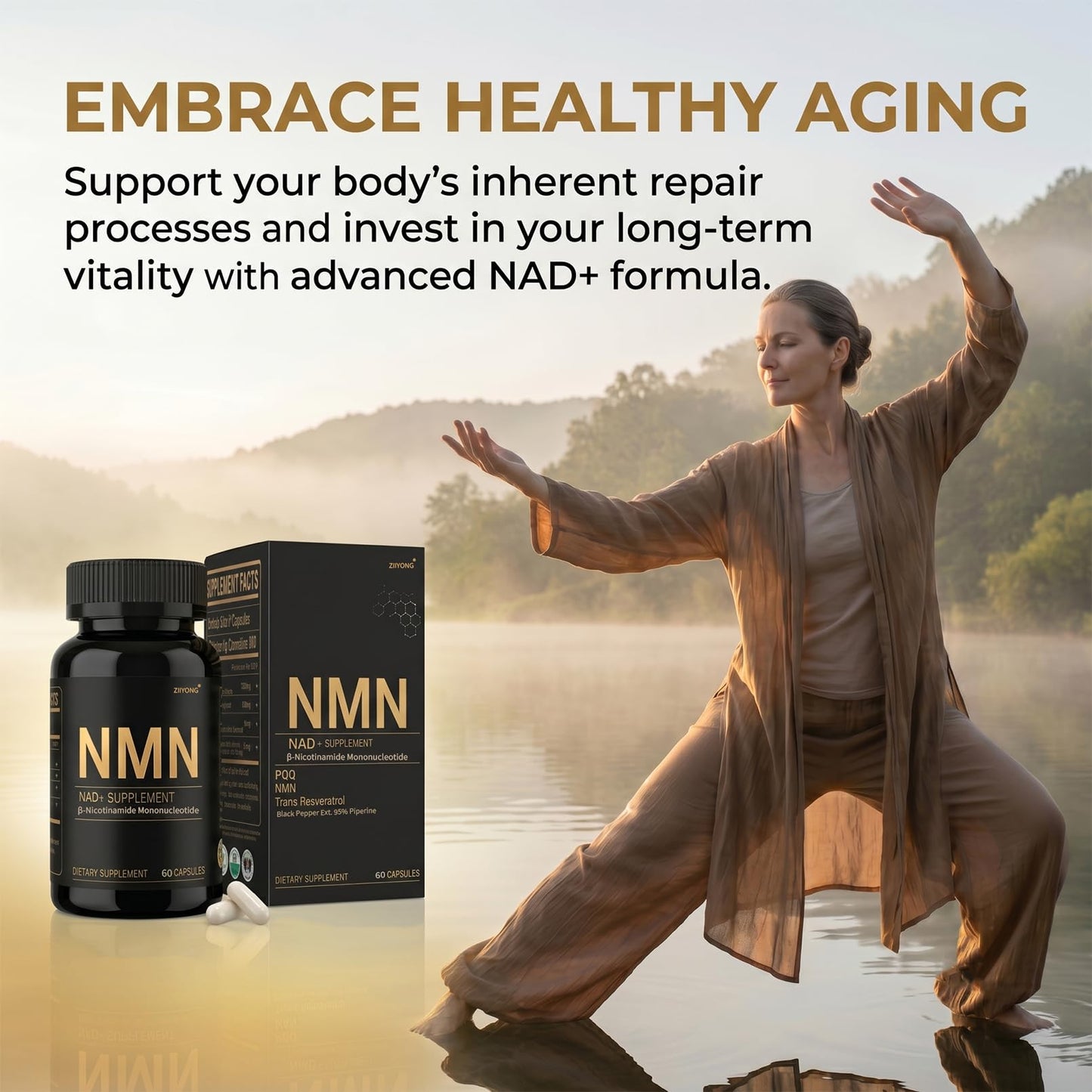 ZIIYONG NMN Supplement 1000mg Pure Organic 4-in-1 NAD+ Booster with Resveratrol, PQQ & Black Pepper Extract, 60 Capsules