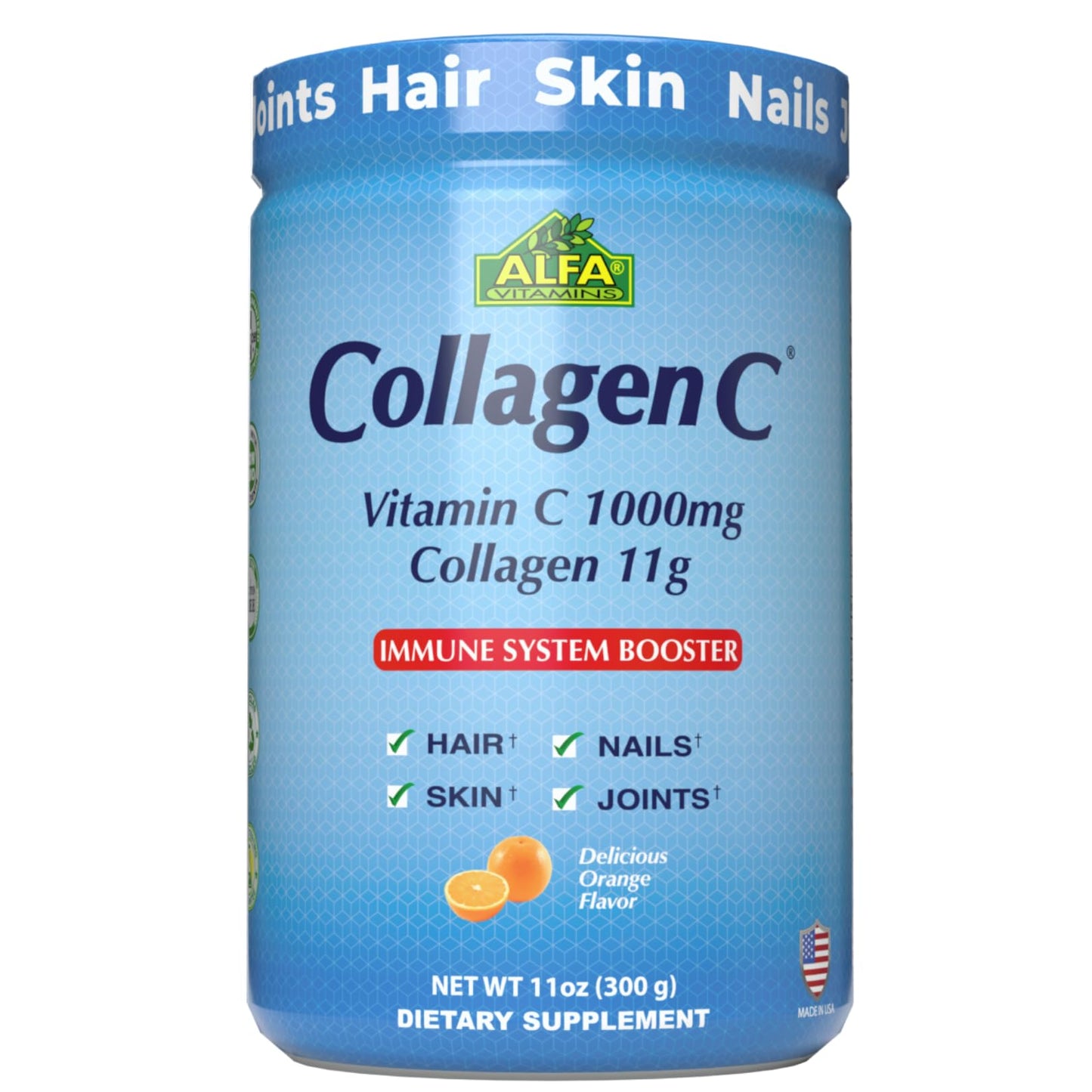 ALFA VITAMINS CollagenC Hydrolysate Peptides Powder Supplement with 1,000mg Vitamin C, Orange Flavor, 11 oz