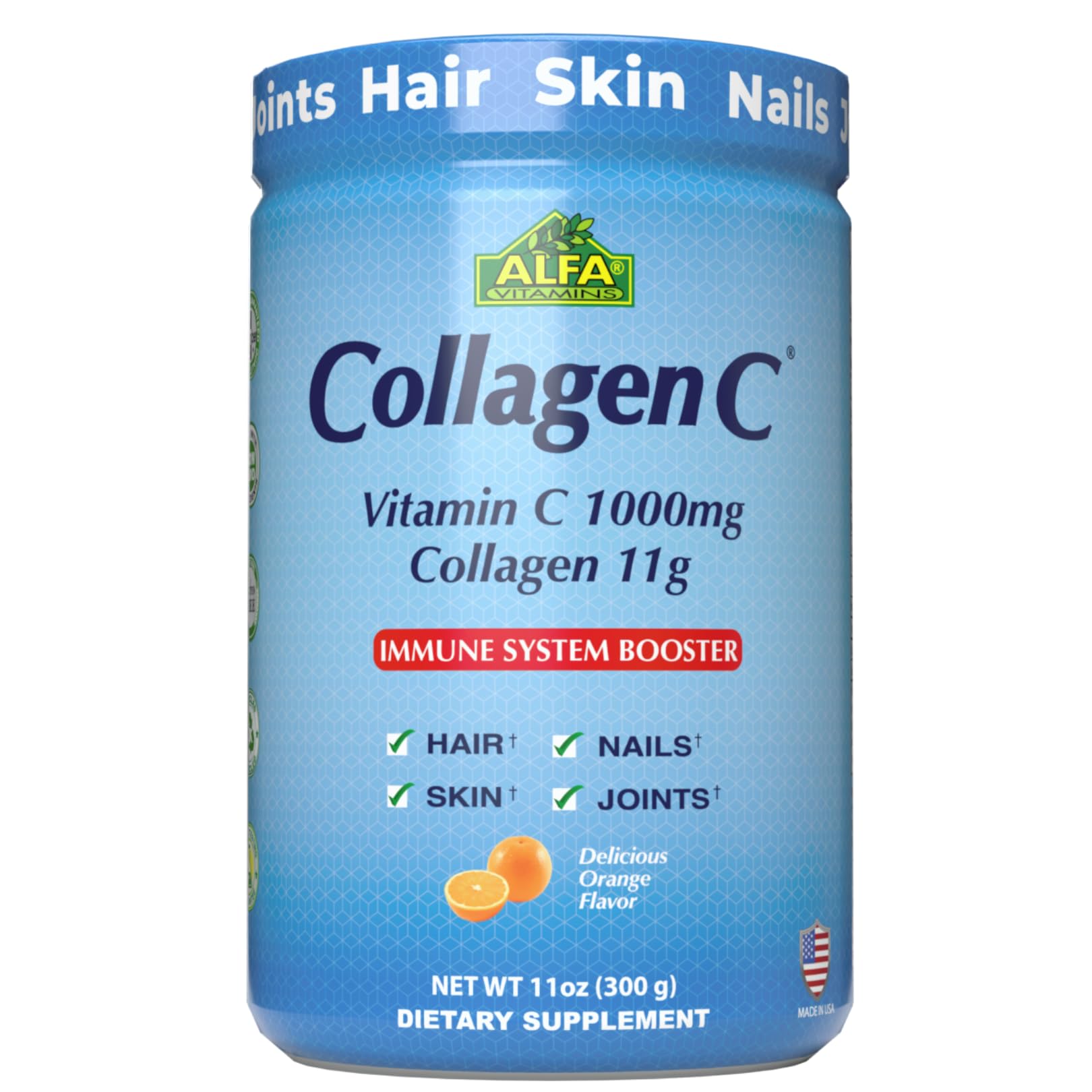 ALFA VITAMINS CollagenC Hydrolysate Peptides Powder Supplement with 1,000mg Vitamin C, Orange Flavor, 11 oz