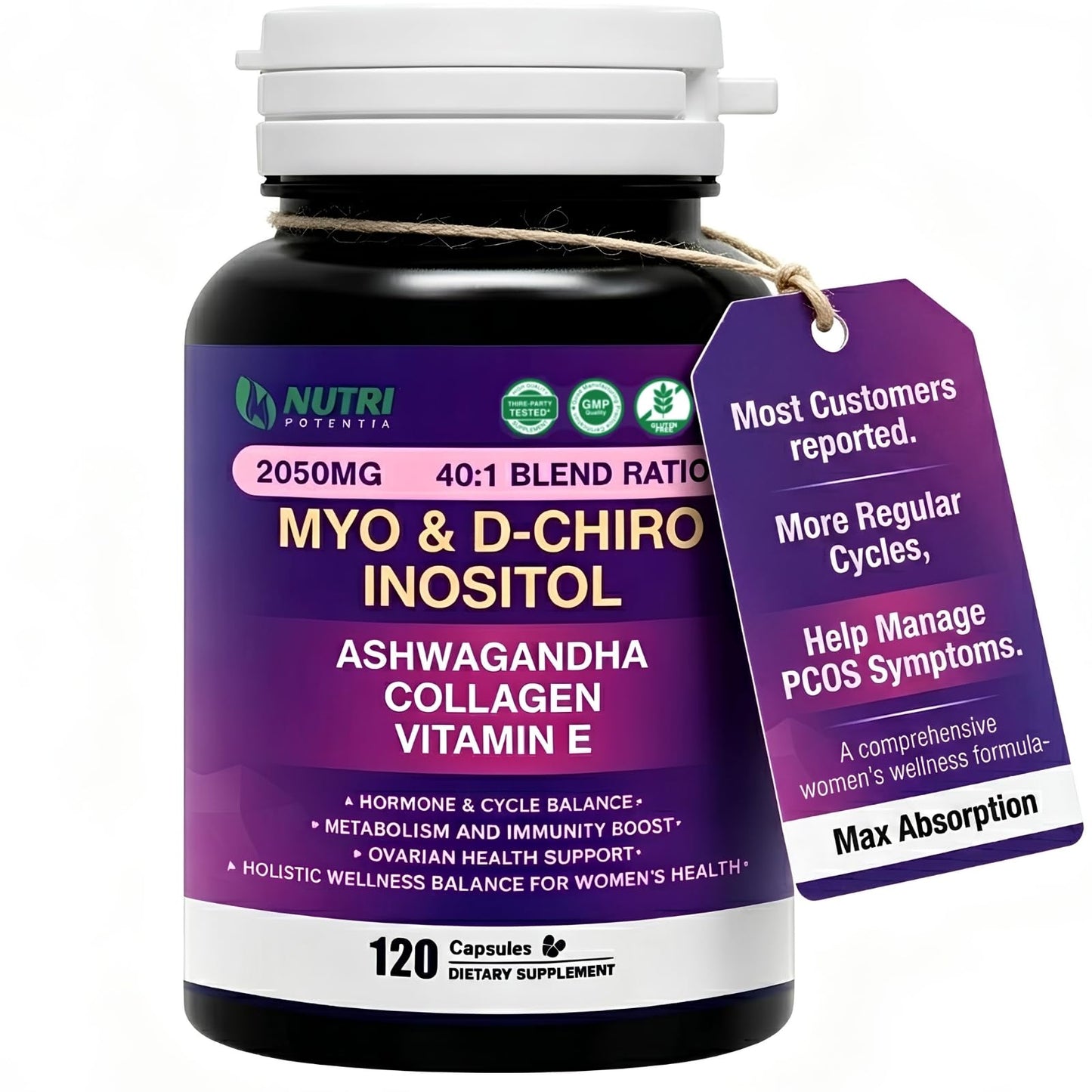 NUTRI POTENTIA Myo Inositol & D-Chiro Inositol Supplement for Women, Ideal 40:1 Ratio with Vitamin E, Collagen & Ashwagandha, Women's Daily Wellness Support, 120 Capsules