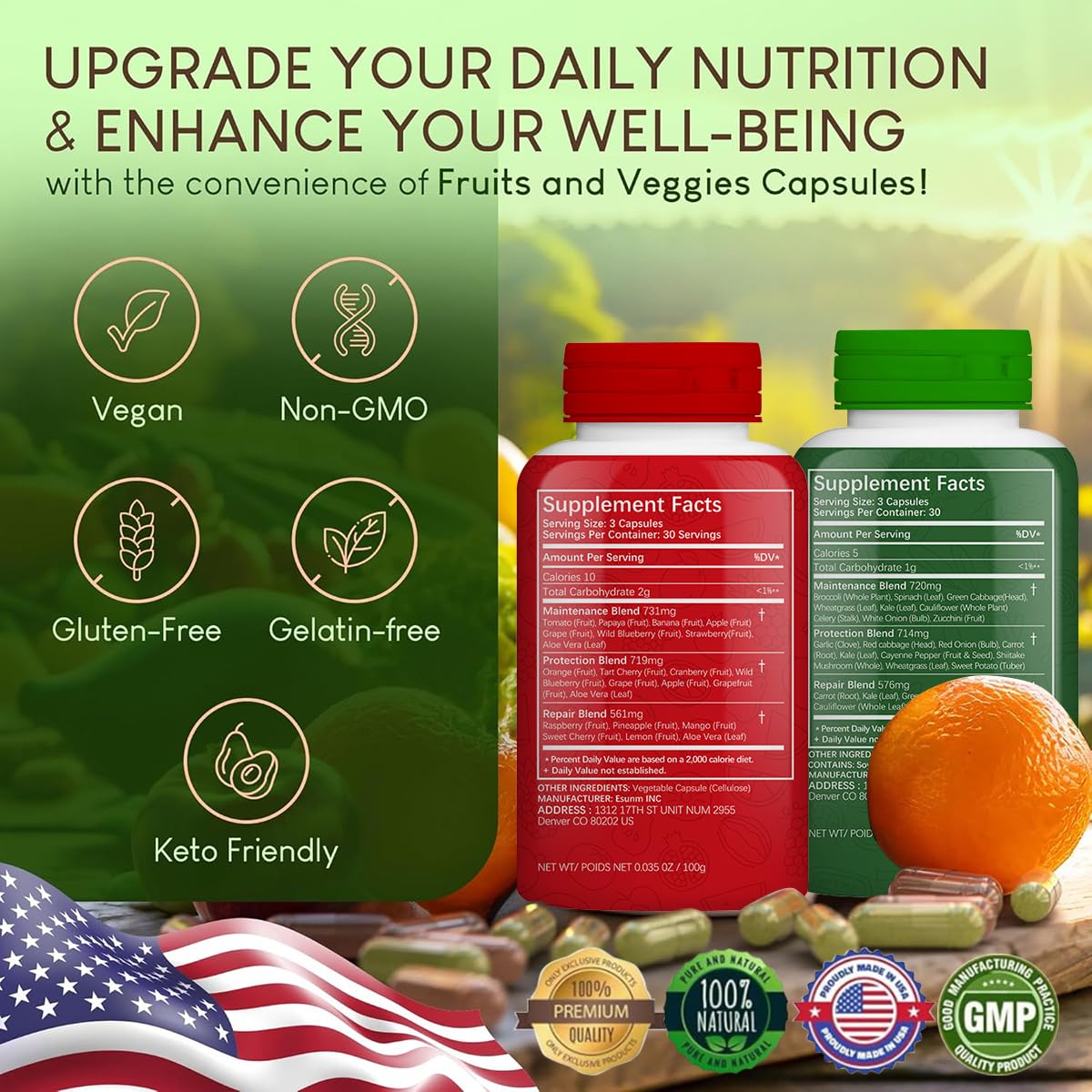 ESUNM Fruits and Veggies Supplement Capsules, 180 Count