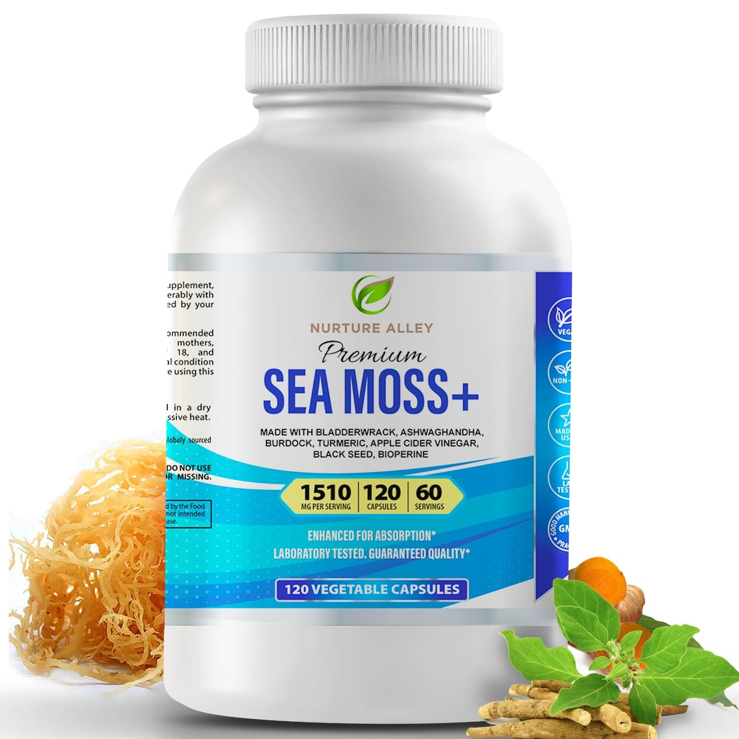 NURTURE ALLEY 8-in-1 Sea Moss & Black Seed Complex with Ashwagandha, Turmeric, Burdock, Bladderwrack, Apple Cider Vinegar & BioPerine Capsule, 120 Count