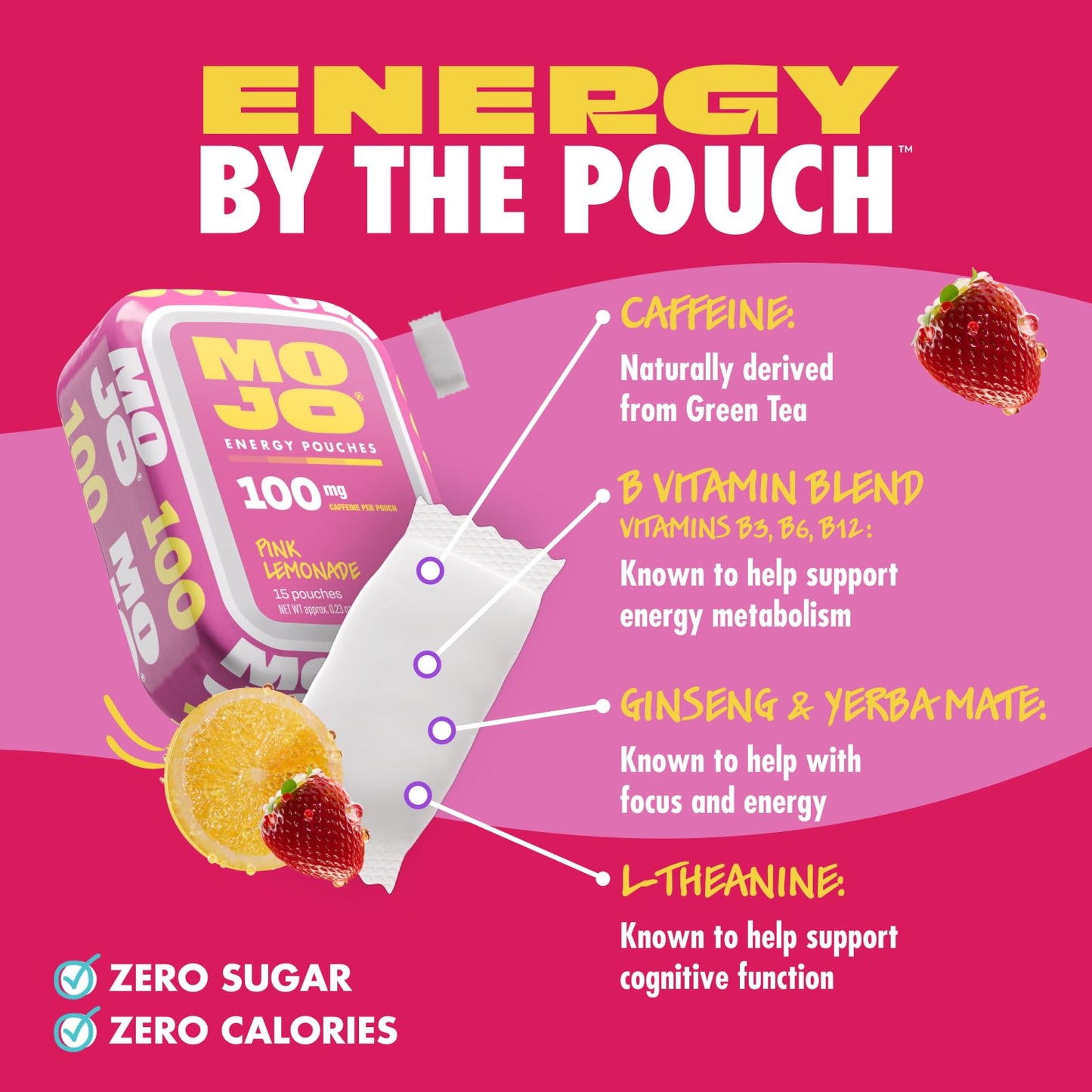 MOJO Energy 100mg Caffeine Pouches, Pink Lemonade, 15 Pouches