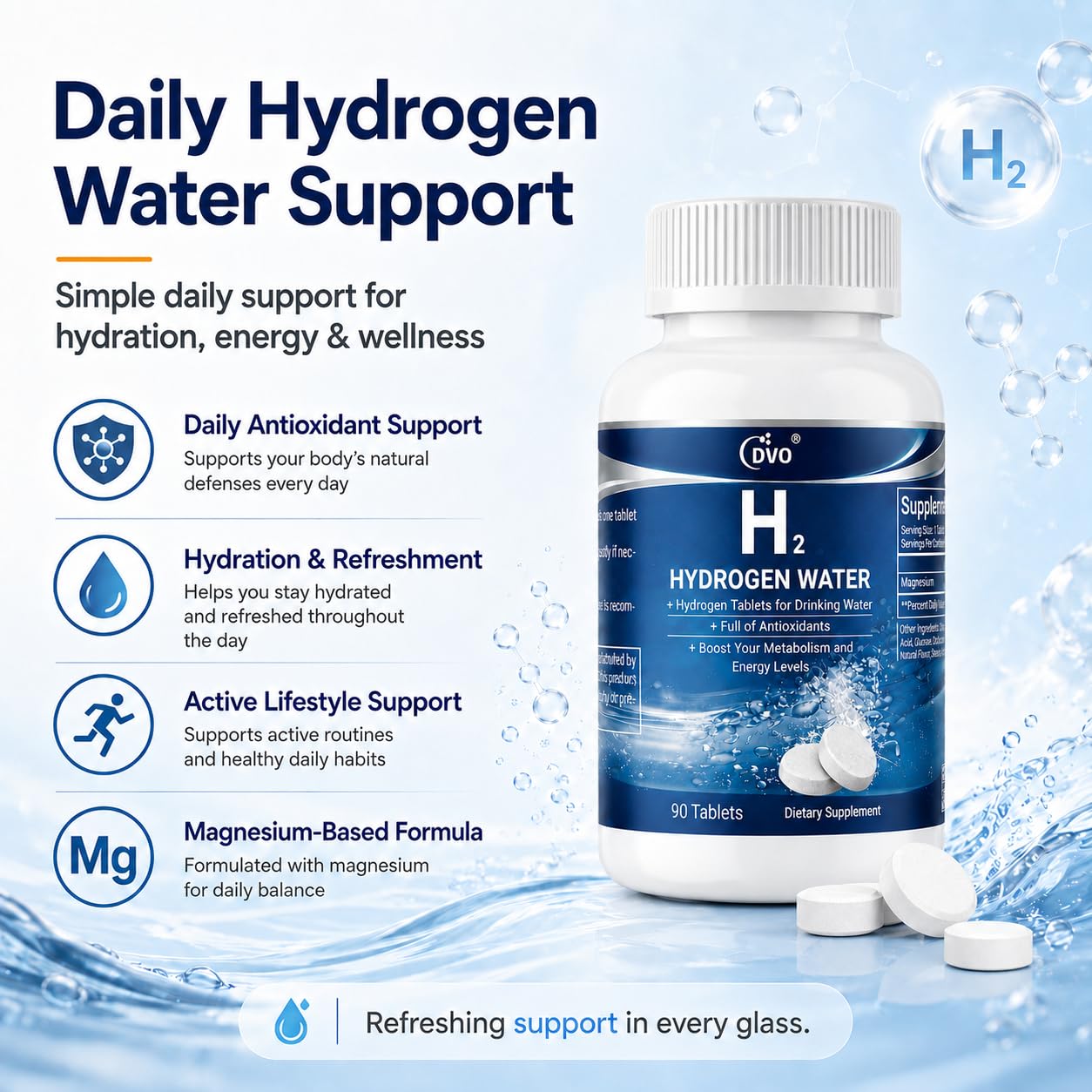 DVO 12 PPM H2 Hydrogen Water Tablets with Magnesium, Molecular H2 Supplement, Fast-Dissolving Tablets for Fresh Hydrogen-Rich Water, Daily Hydration, Energy & Antioxidant Support, 90 Tablets