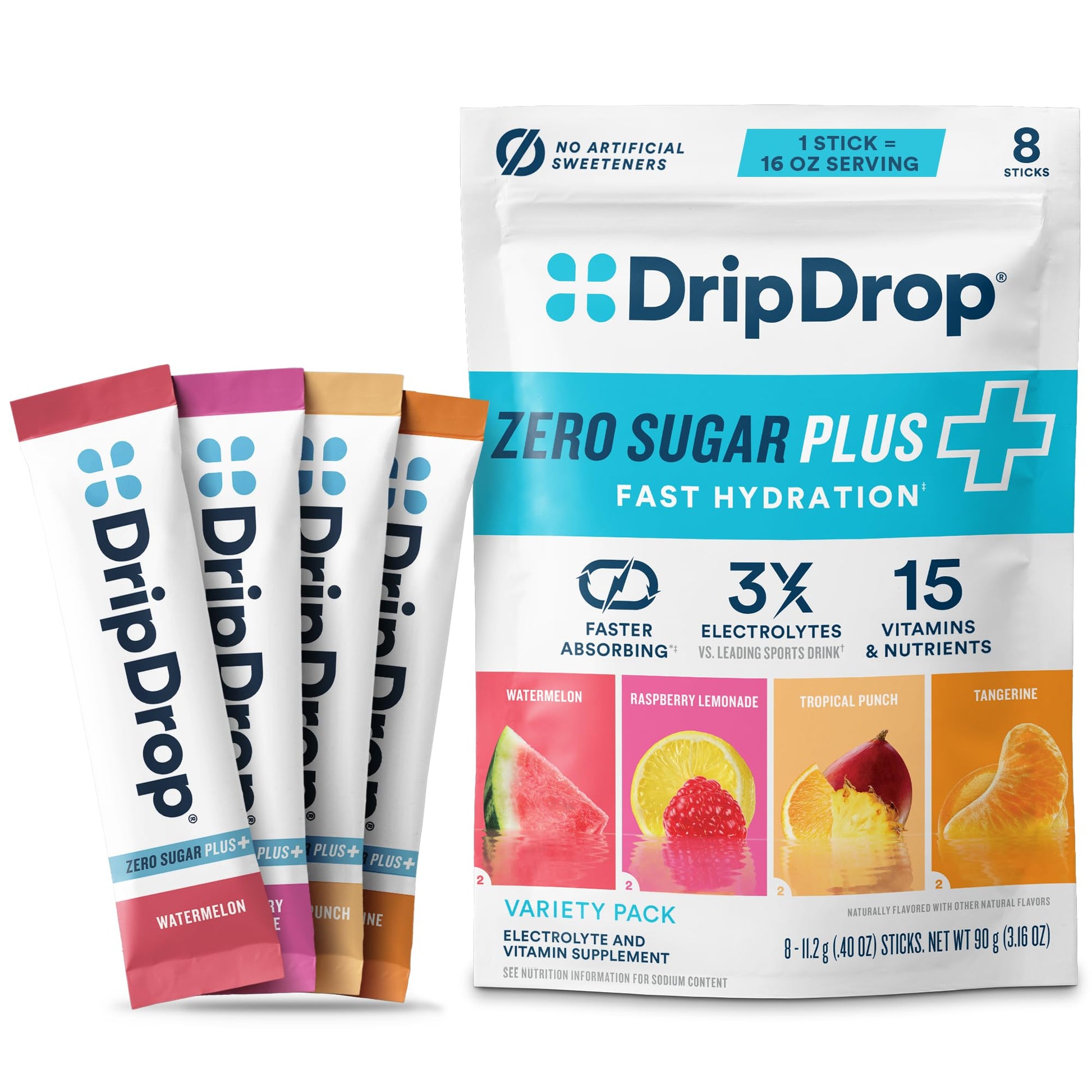 DripDrop Hydration Zero Sugar Plus Electrolyte Packets Powder, 8 Count
