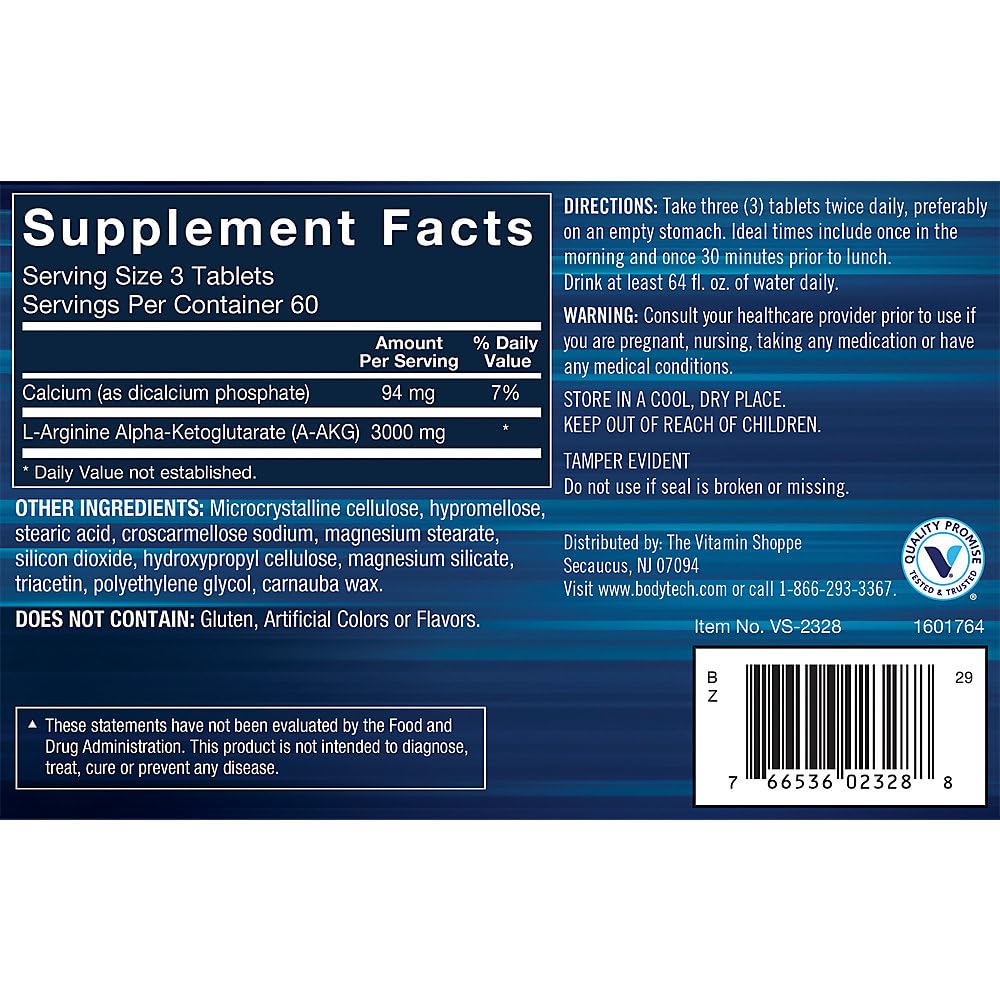 BodyTech Arginine AKG 3000mg - Nitric Oxide Precursor - Supports Blood Flow, Muscle Pumps & Performance, 180 Tablets