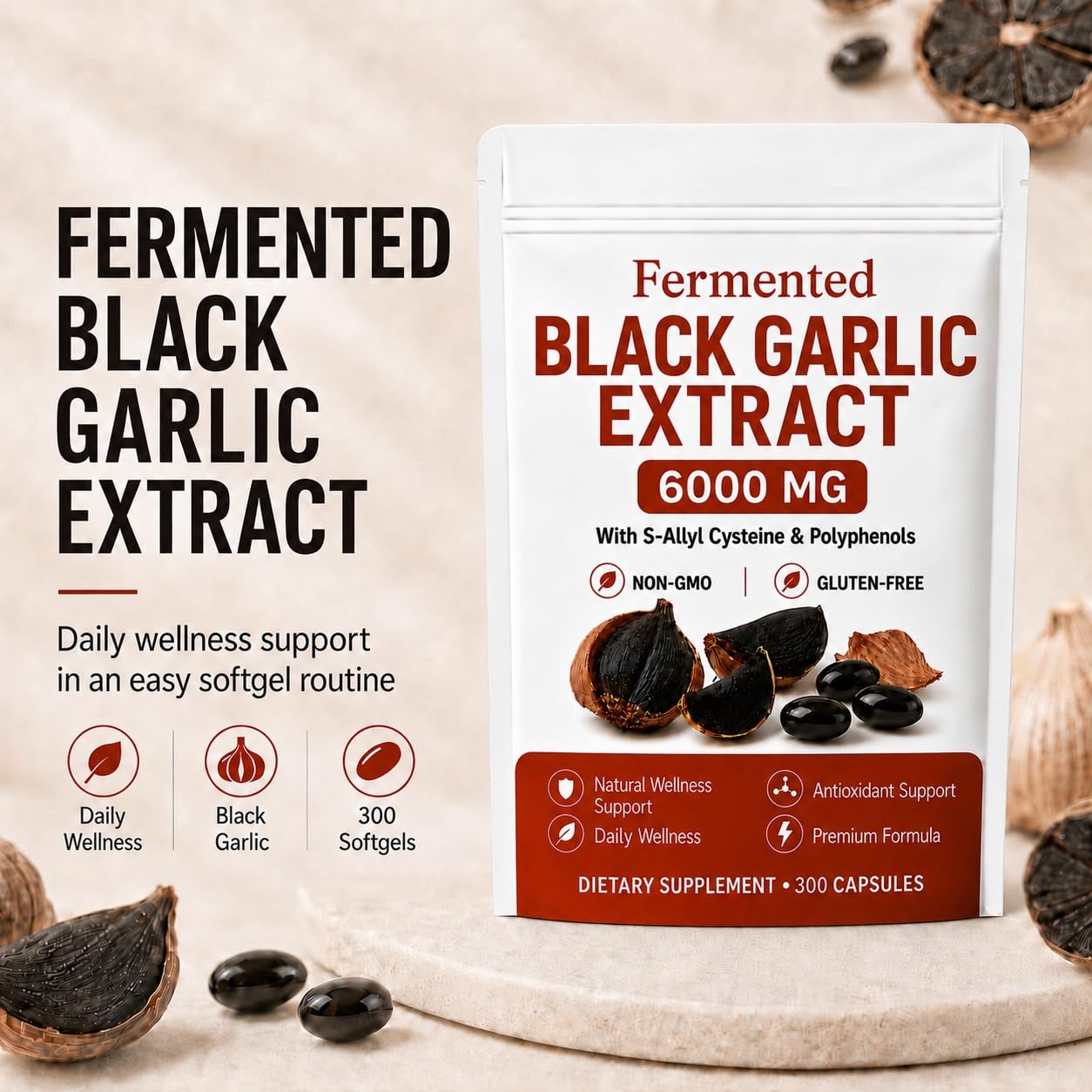 BYDNES LABS Fermented Black Garlic Extract, S-Allyl Cysteine, 300 Capsules