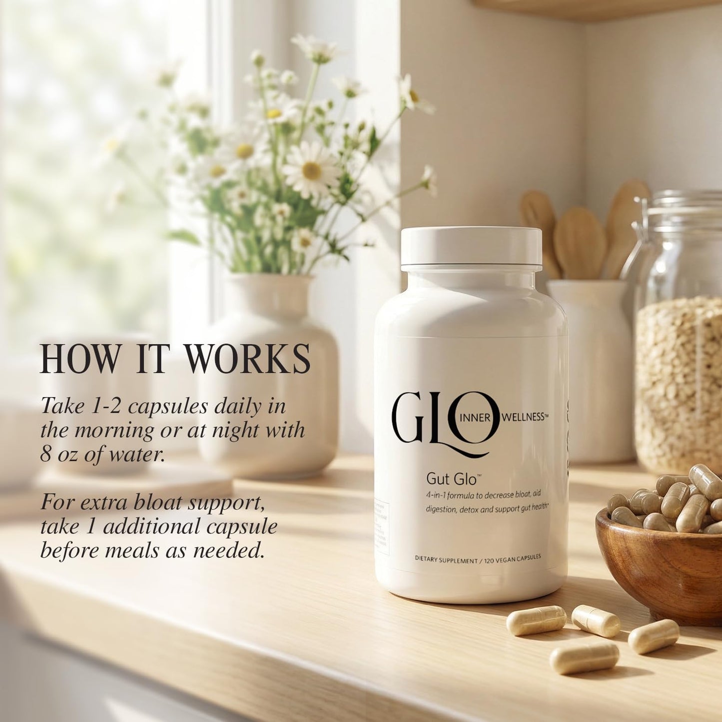 GLO Inner Wellness Gut Health Supplements, Natural Bloating Relief, Digestion & Constipation Aid, 4-in-1 Probiotics, Digestive Enzymes, Magnesium & Organic Herbs Capsules, 120 Capsules