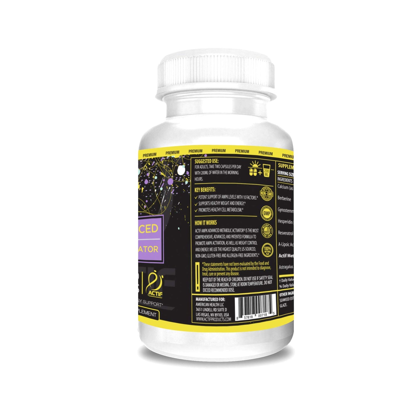 ACTIF AMPK Advanced Metabolic Activator with 10 Factors, Non-GMO, With Energy Support, 60 Capsules