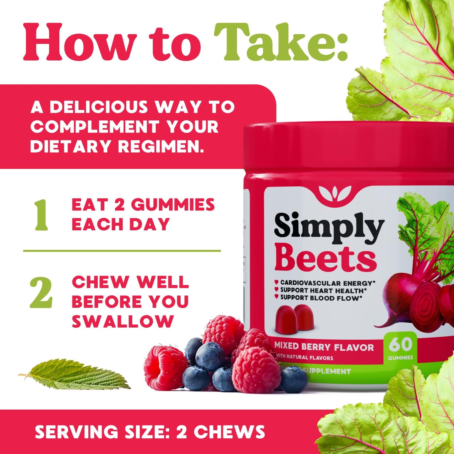 Simply Beets Beet Gummies with CoQ10 & Grape Seed Extract, Gummy, 60 Count