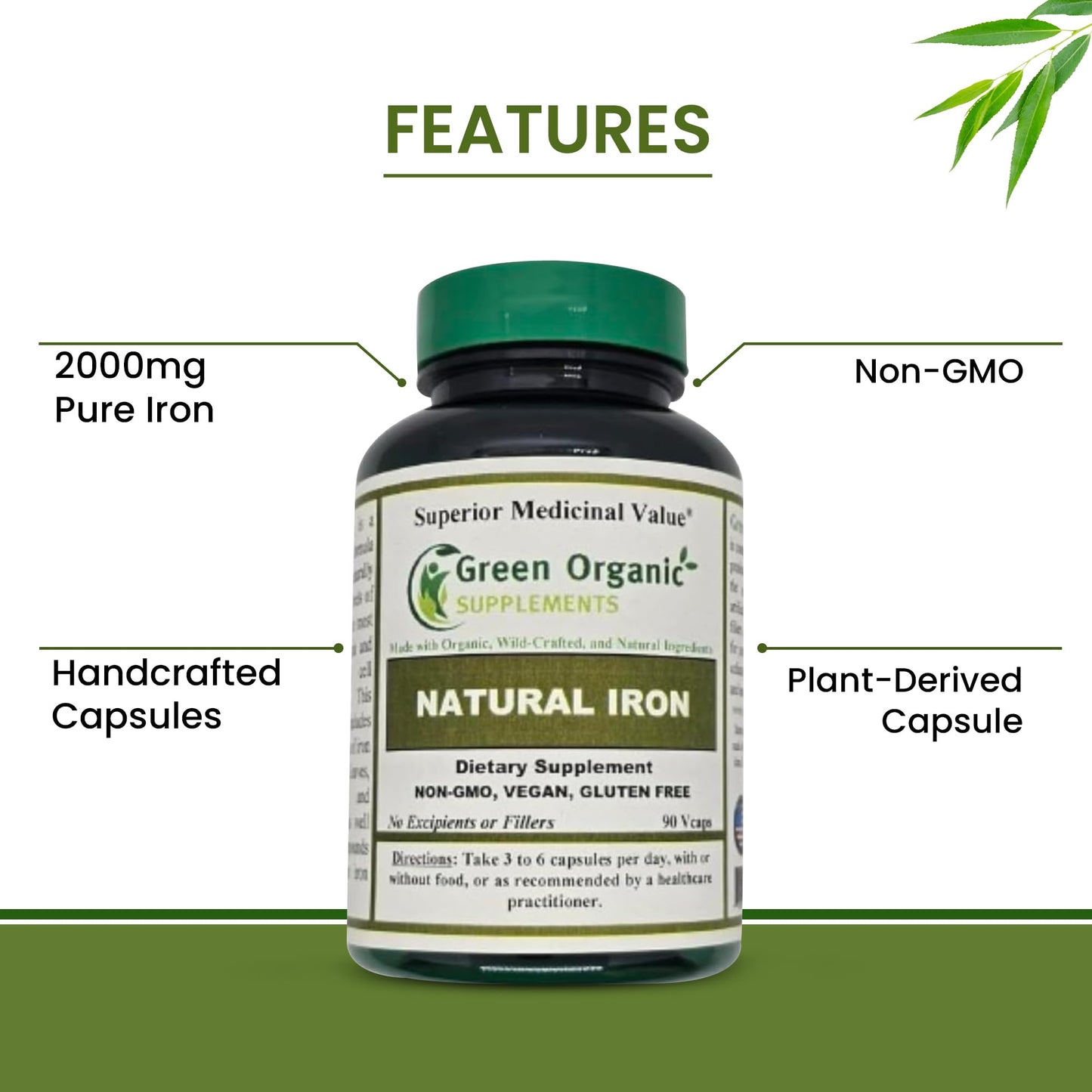Green Organic Supplements Iron Capsules, 90 Count