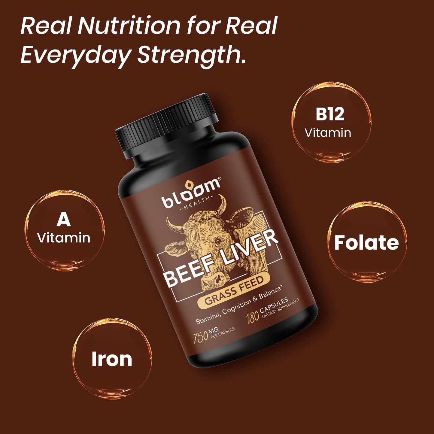 Bloom Health Grass Fed Beef Liver Supplement Capsules, 180 Capsules
