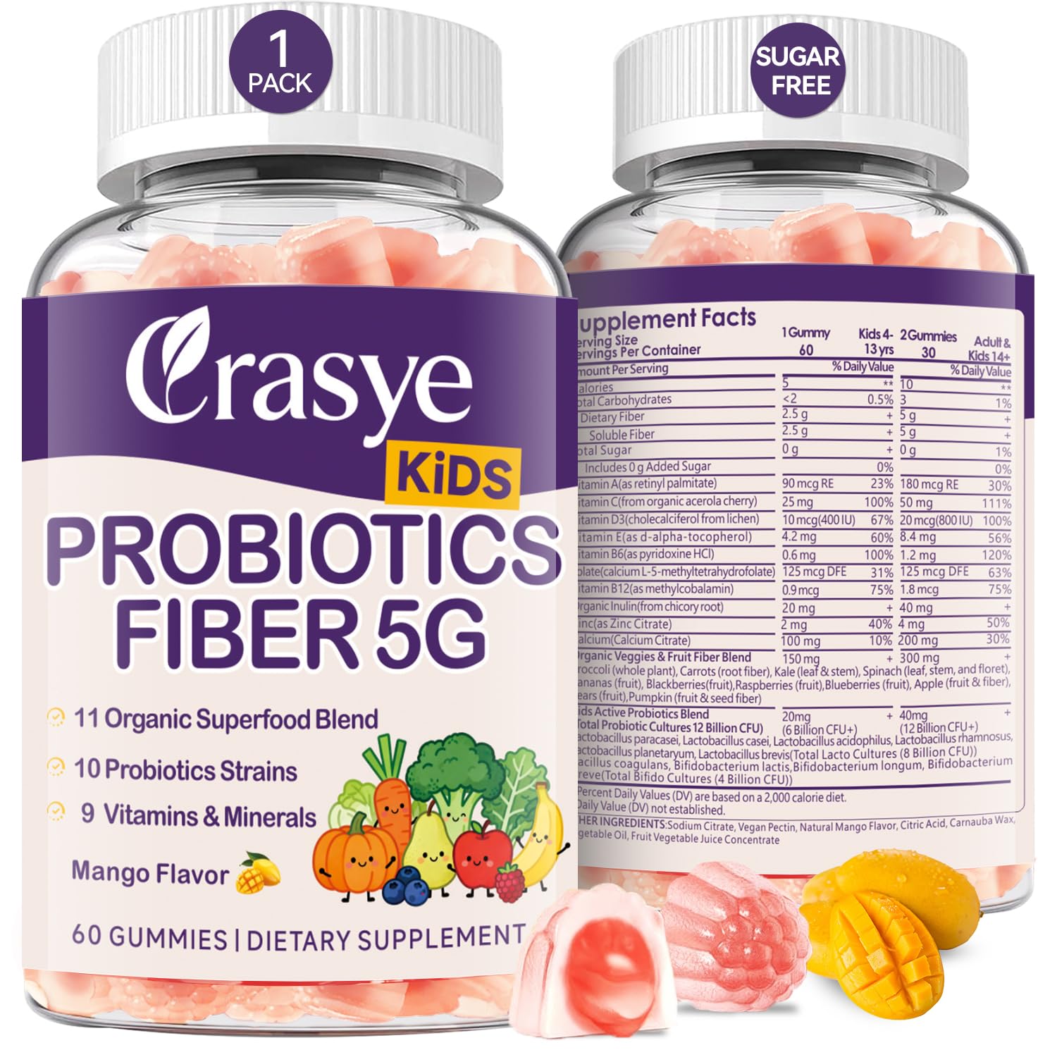 Crasye Kids Probiotic + Prebiotic Fiber 5G Gummies, 60 Gummies