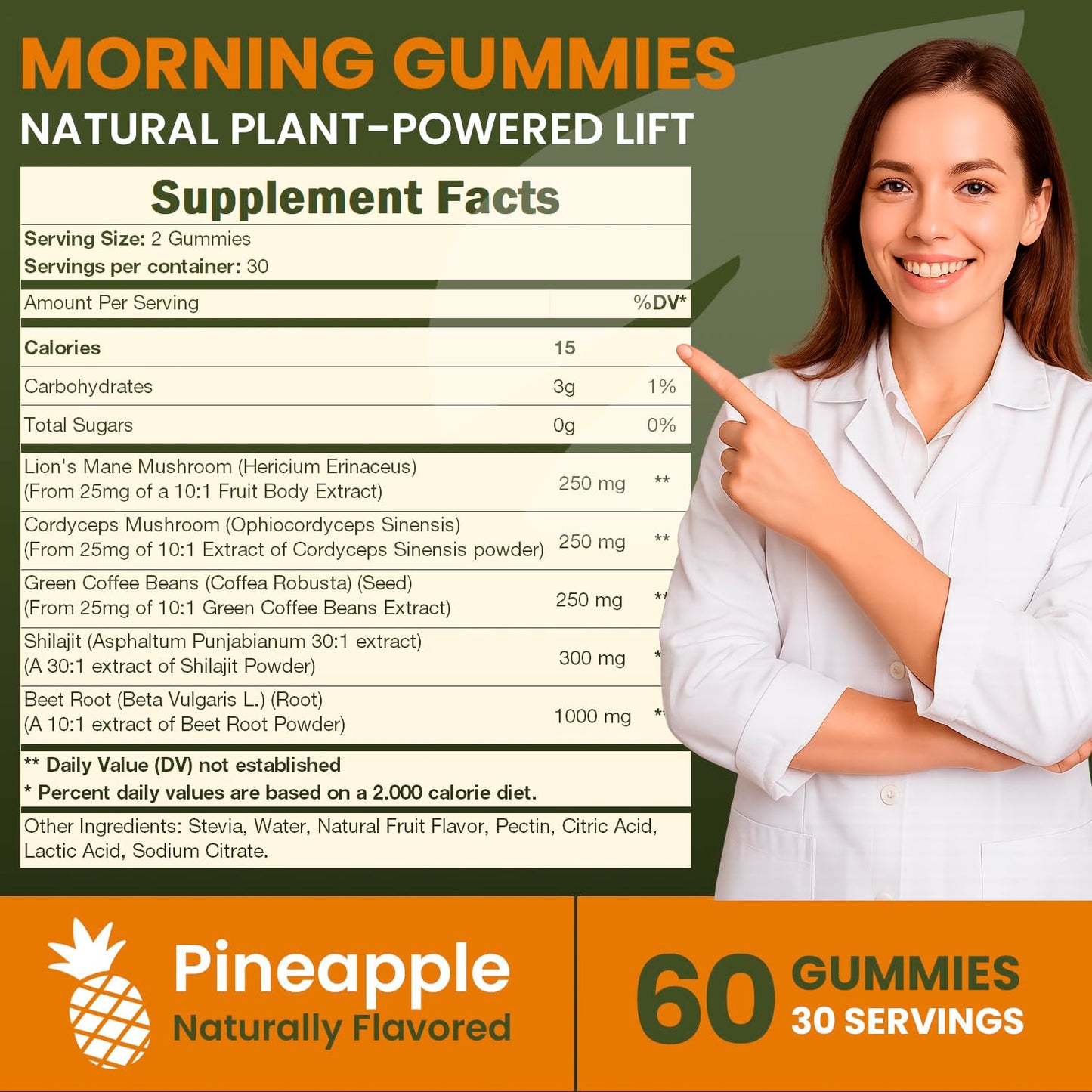 Rooterra Inner Bloom Pure Shilajit Gummies with Lion’s Mane & Cordyceps – Morning Energy & Focus – Green Coffee & Beet Root – Pineapple, 60 Gummies