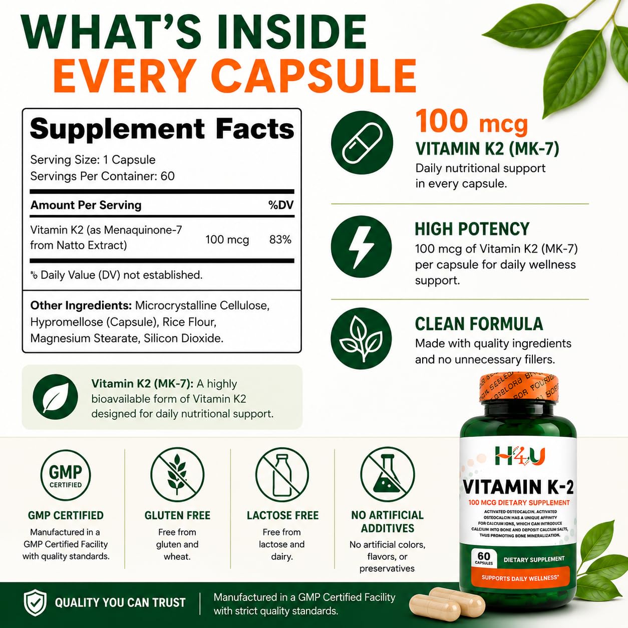 H4U Vitamin K2 MK-7 100 mcg Capsule, 60 Count