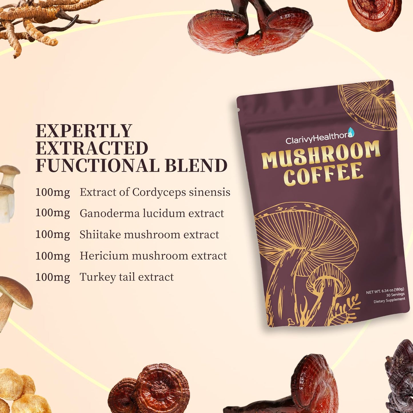 ClarivyHealthora Instant Mushroom Coffee Powder with Lions Mane & Turkey Tail, 6 Adaptogenic Mushrooms, 6.34 oz