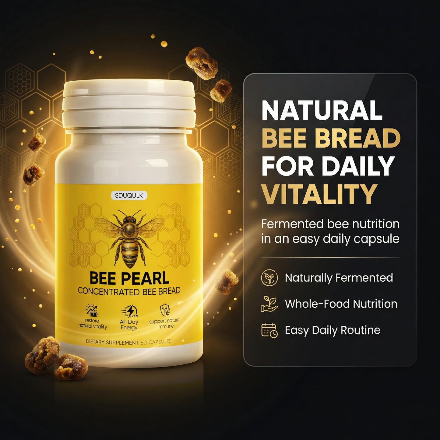 Kranla Bee Pearl Capsules Concentrated Bee Bread for Natural Immunity & Vitality Support Capsule, 60 Count