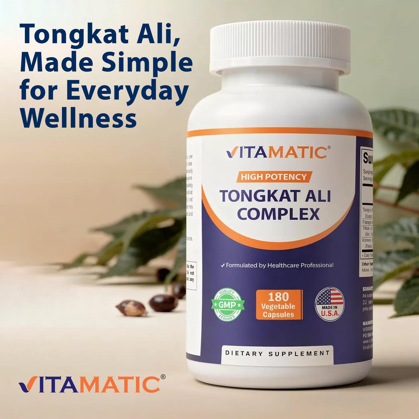 Vitamatic Tongkat Ali Extract 200:1 Longjack Eurycoma Longifolia Capsules, 180 Count