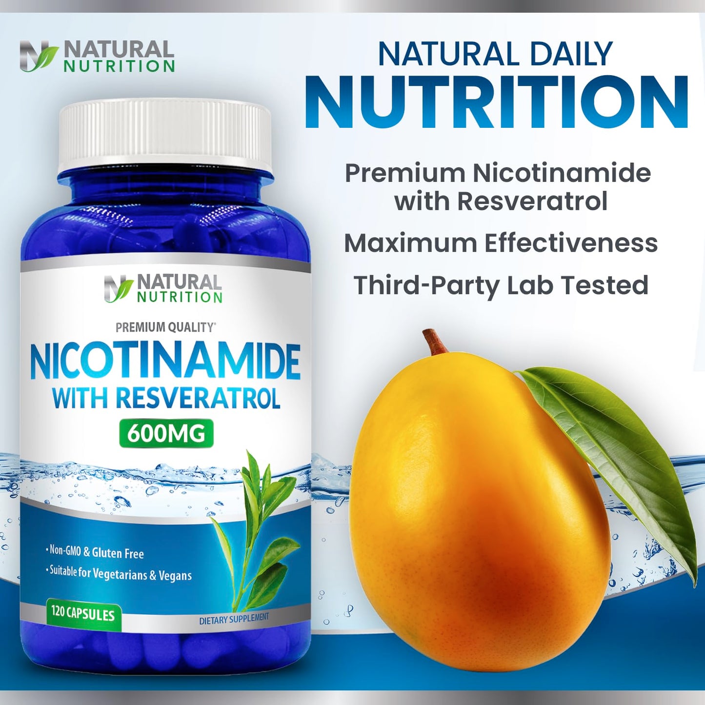 Generic Natural Vitamin Nicotinamide with Resveratrol 600mg (Vitamin B-3) 120 Veggie Capsules