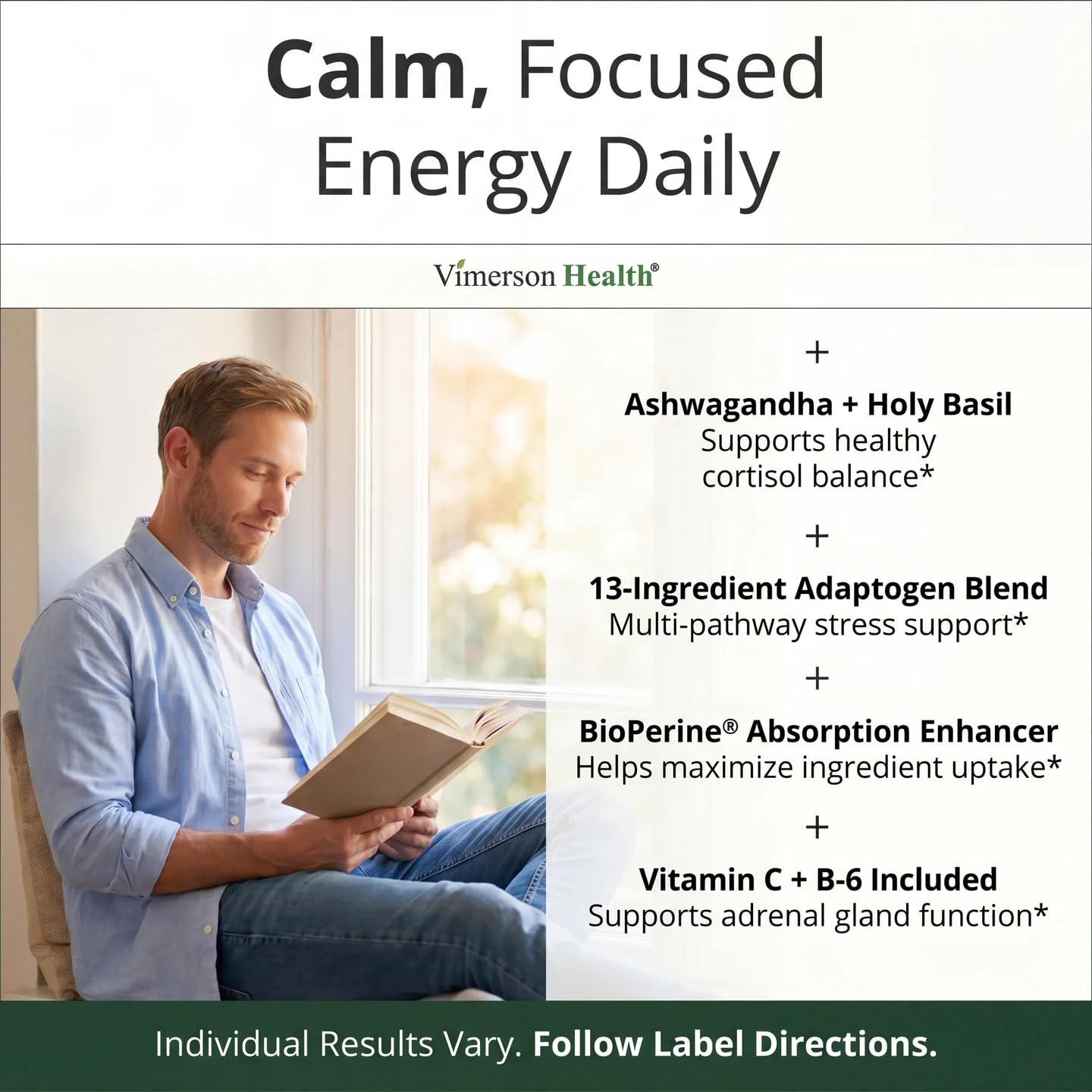 Vimerson Health Adrenal Support Supplements with Ashwagandha Rhodiola Holy Basil – Adaptogen Complex for Cortisol Health & Stress Support – Enhanced Absorption with BioPerine 60 Capsules