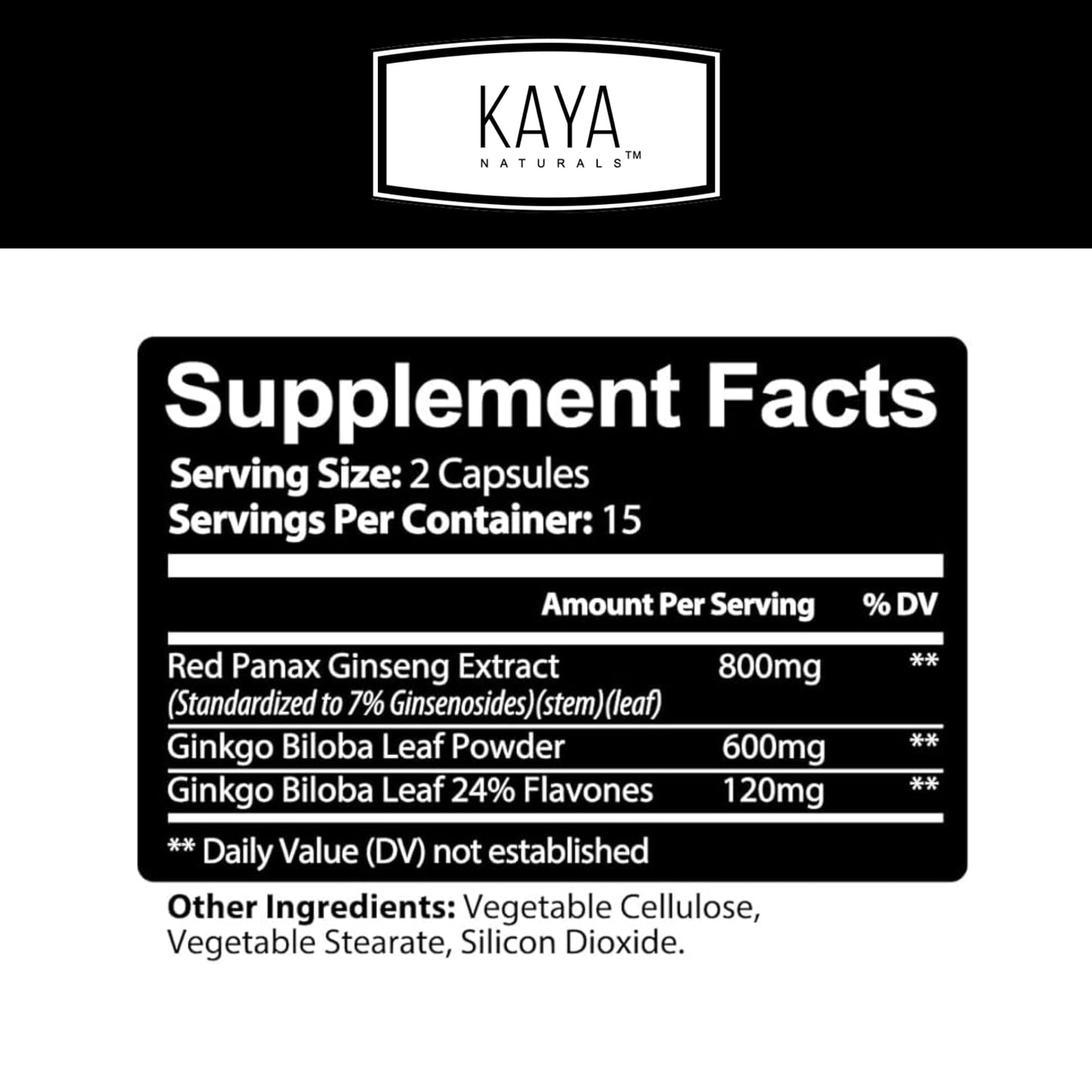 Kaya Naturals Red Panax Ginseng + Ginkgo Biloba Nootropic Brain Supplement, Capsules, 30 Count