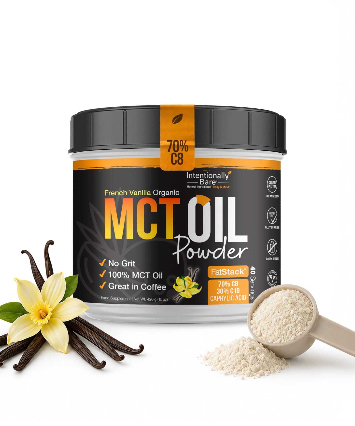 Intentionally Bare MCT Oil Powder - French Vanilla – Zero net Carbs, 14.5 Ounces