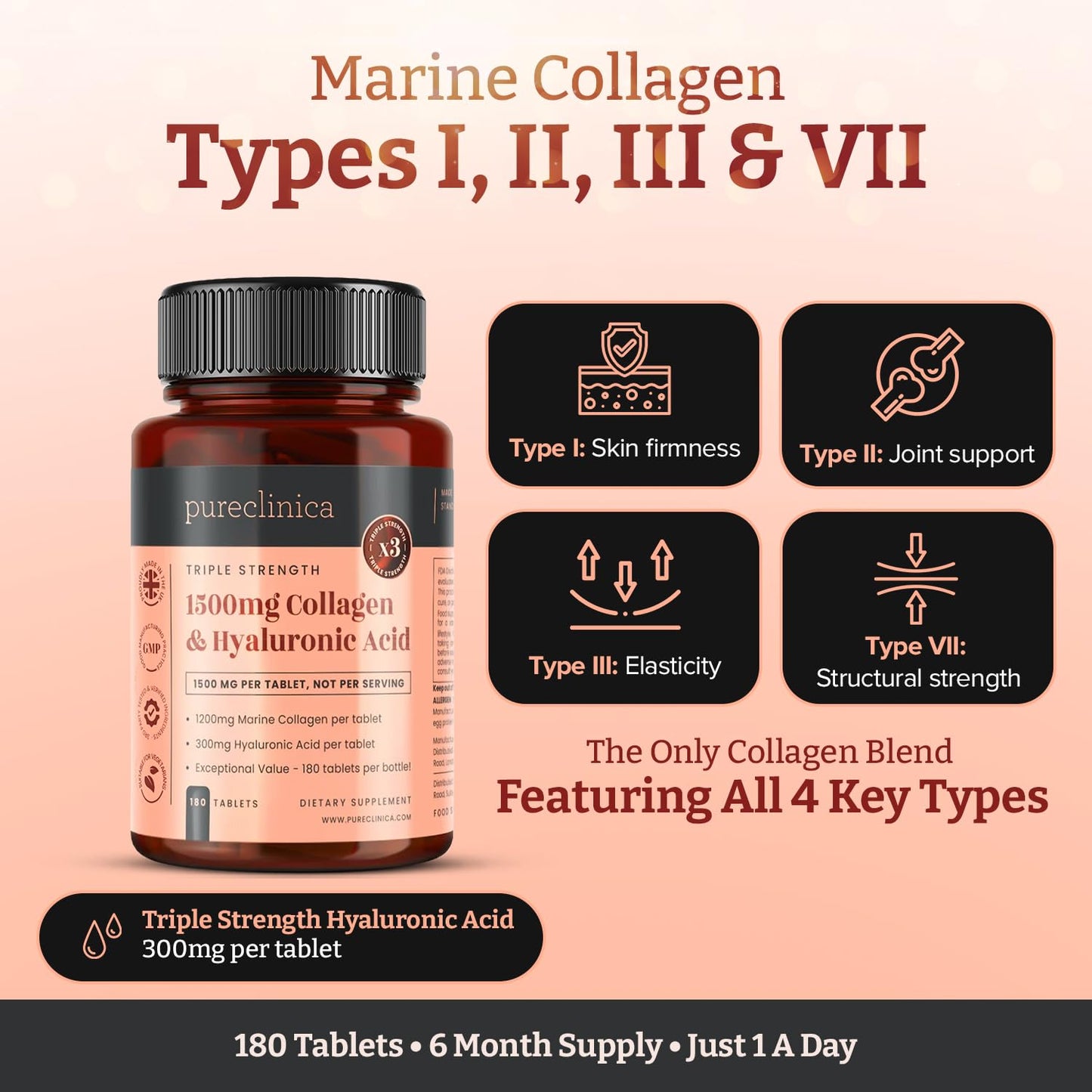 PureClinica UltraColl Collagen with Hyaluronic Acid 180 Tablets
