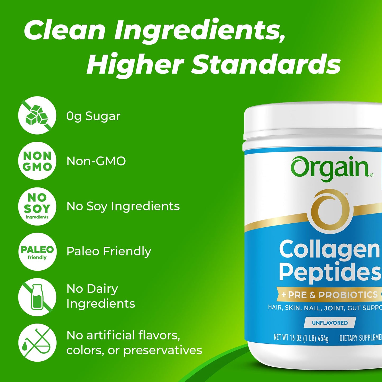 Orgain Hydrolyzed Collagen Peptides + Prebiotic & Probiotics Powder for Women & Men, 20g Grass Fed Collagen, 1 Billion CFU - Supports Digestive, Hair, Skin & Joint Health, Non-GMO, Type I & III, 16 oz