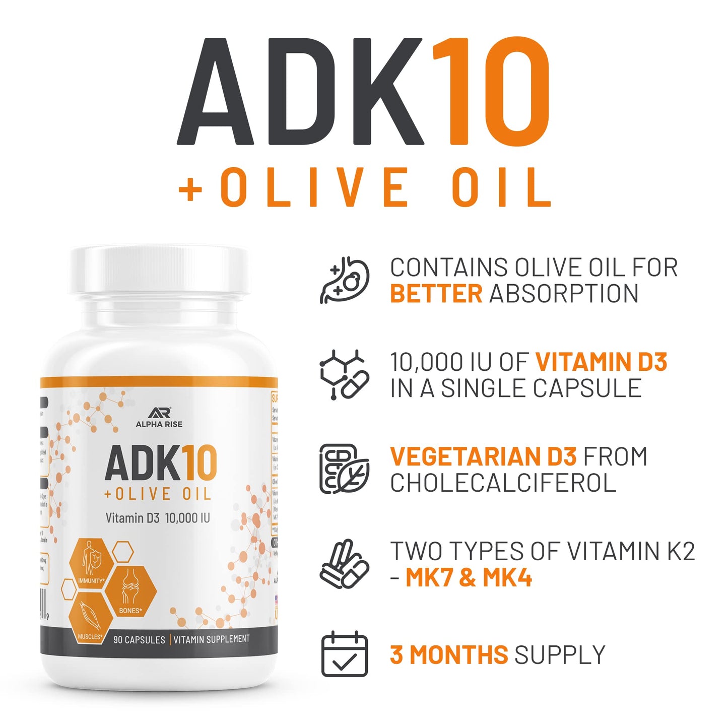 ALPHA RISE ADK 10 Vitamin Supplement + Olive Oil for Better Absorption Capsules 90 Count