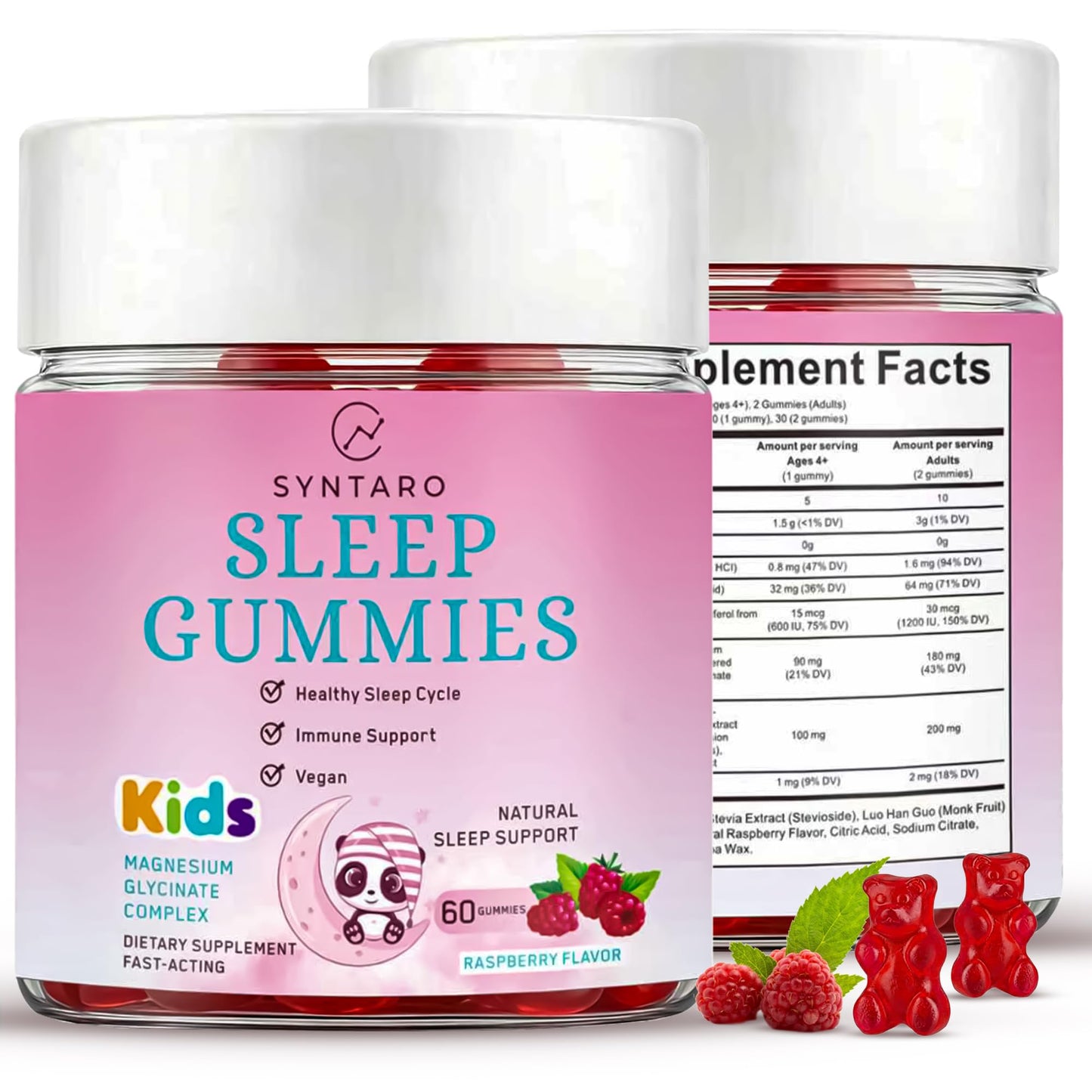 SYNTARO Sleep Gummies for Adults & Kids – Magnesium Glycinate Complex, Raspberry Flavor, Sleep Support & Immune Support, 60 Gummies