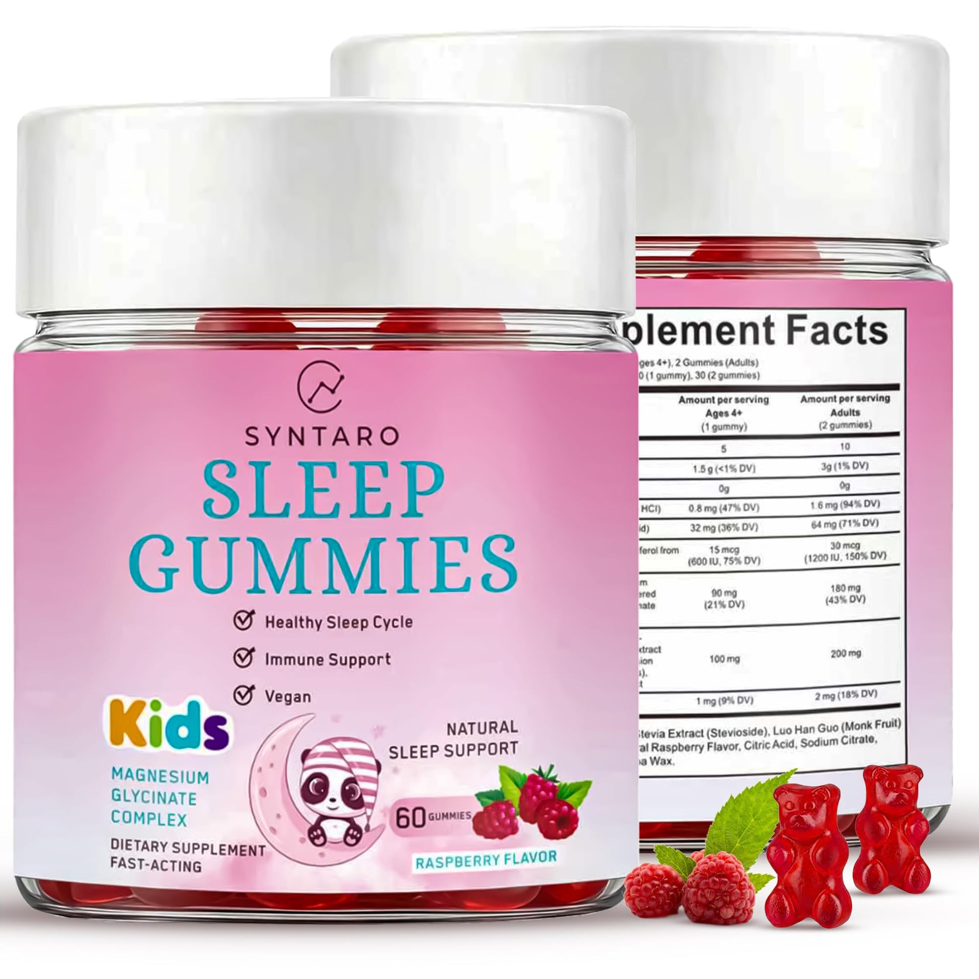 SYNTARO Sleep Gummies for Adults & Kids – Magnesium Glycinate Complex, Raspberry Flavor, Sleep Support & Immune Support, 60 Gummies